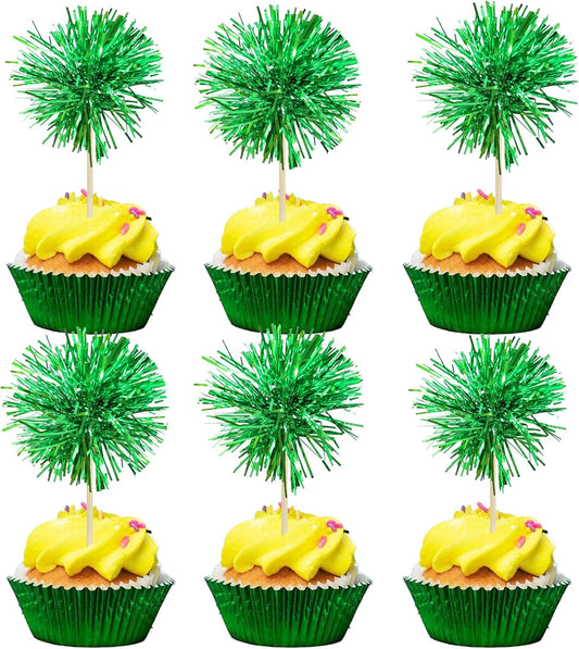 Gyufise 30Pcs Foil Firework Cupcake Toppers Sparkle Tinsel Cake Toppers Tinsel Drink Cake Decoration Cocktail Picks for Birthday Wedding Graduation Party Supplies Dark Green