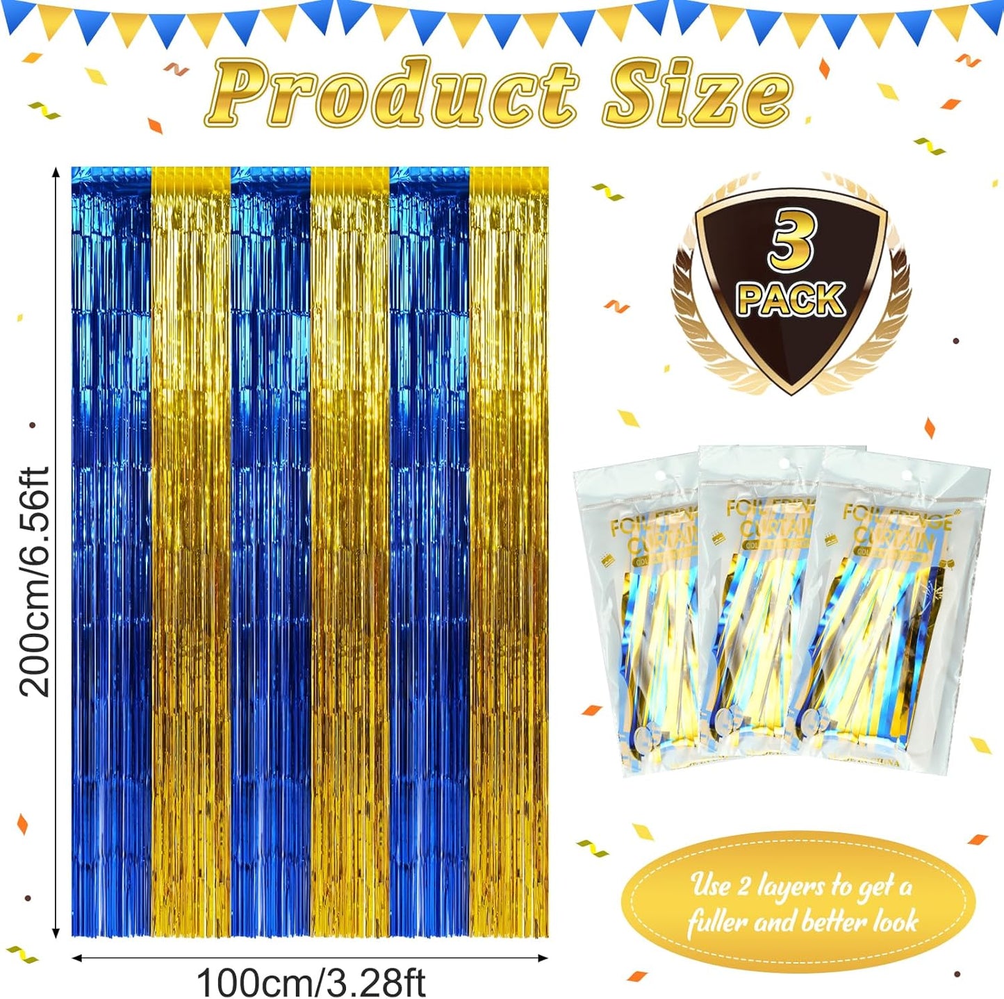 3 Pack 3.3Ft x 6.6Ft Graduation Foil Fringe Curtain Backdrop Decorations, Blue Gold Metallic Tinsel Foil Streamers Curtain Photo Booth Background for Graduation Prom Wedding Birthday Party Decorations