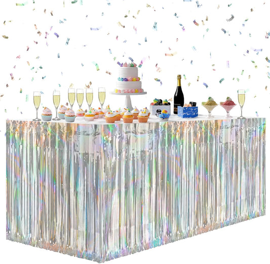 2 Pack Laser Silver Table Skirts, 29x108" Metallic Foil Tinsel Fringe Table Skirts for Rectangle Tables Streamer Curtains Backdrop, Party Decorations for Birthdays Weddings Holidays