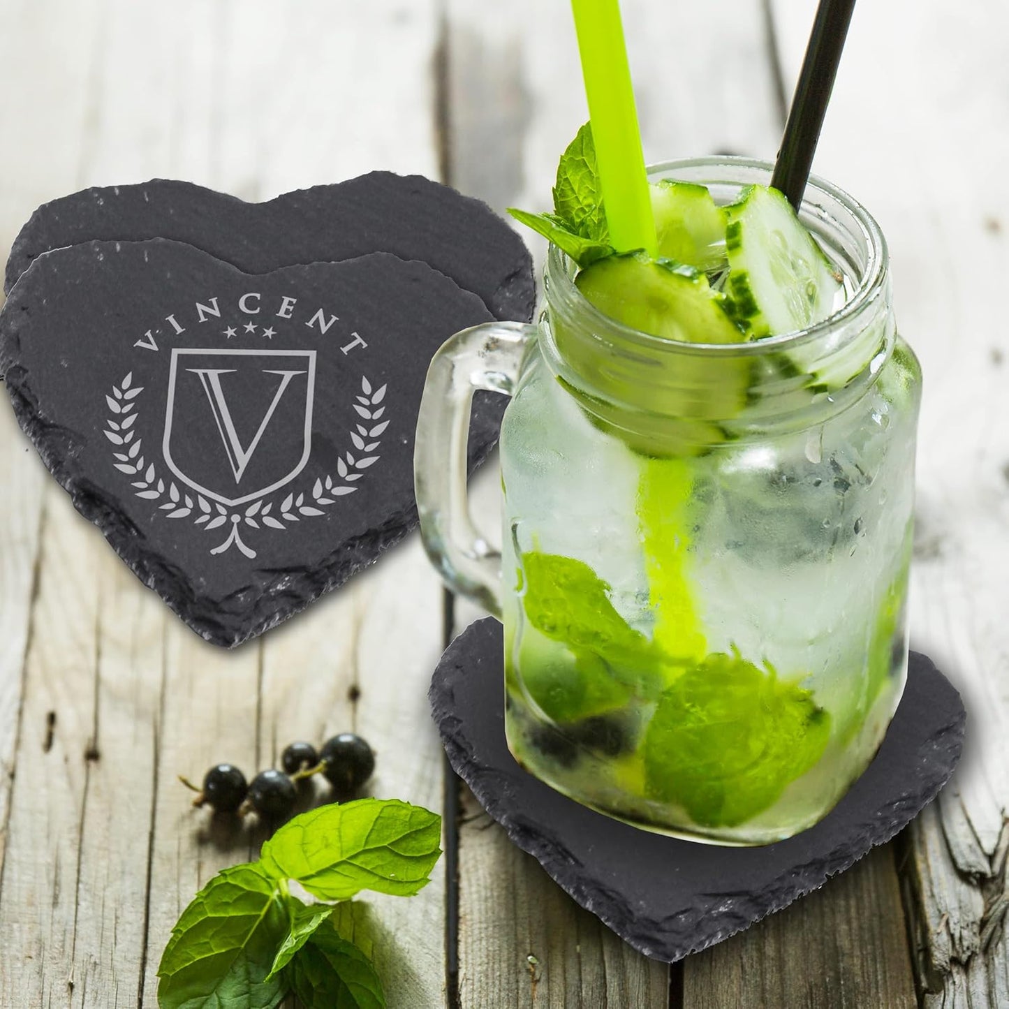 My Personal Memories Custom Engraved Slate Stone Drink Coasters Set of 4 - Monogrammed and Personalized (Heart)