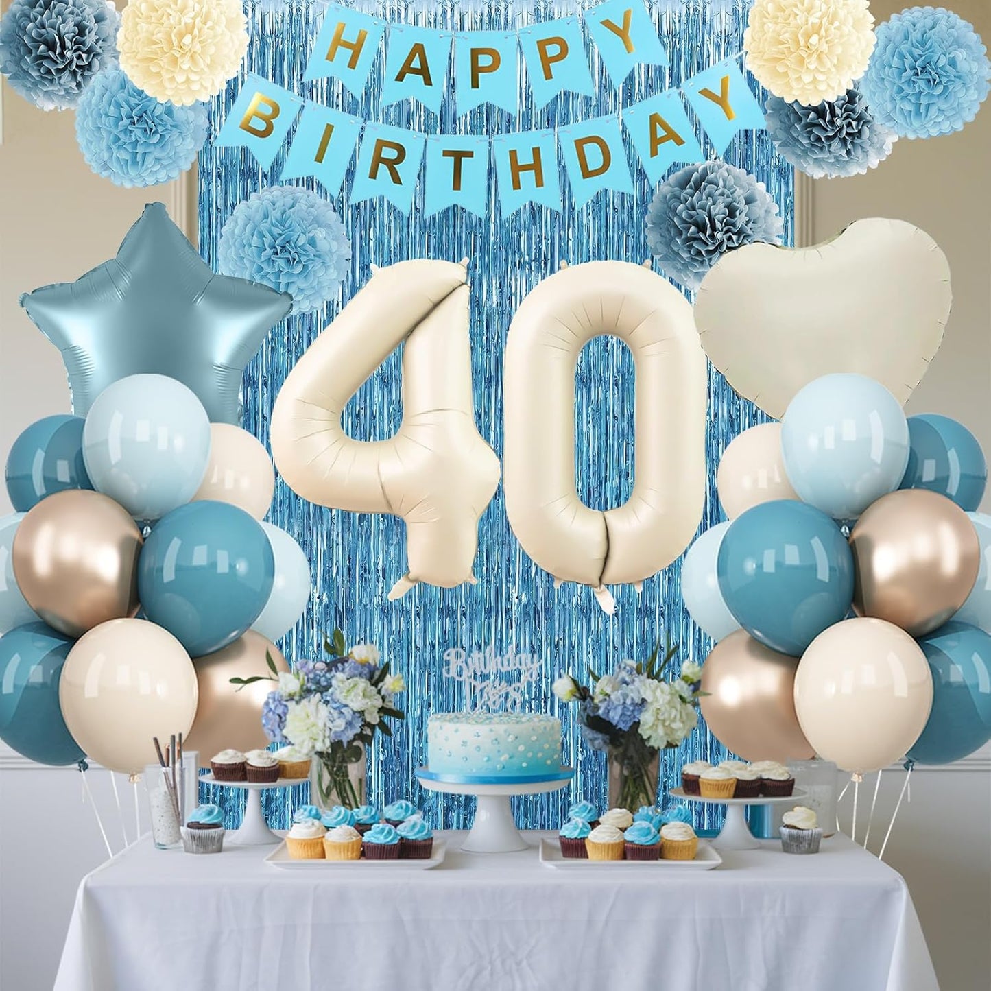 Dusty Blue 40th Birthday Party Decorations for Women Men Beige Cream Number 40 Balloon with Blue Gold Happy Birthday Banner Fringe Curtain Paper Pom Poms Nude White Sand Champagne Star Foil Balloons