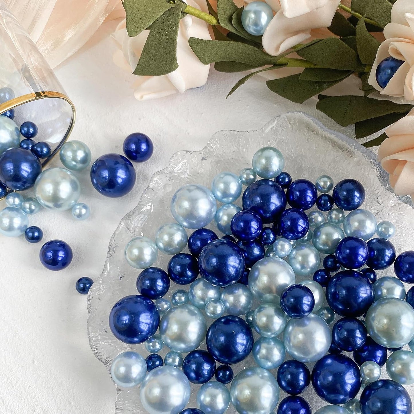 180PCS Navy & Light Blue Beads for Centerpieces Vases, No Hole Polished Pearl Makeup Beads Mixed 8/14/20mm Sizes, Pearl Vase Fillers Table Scatters for Party Wedding Decor