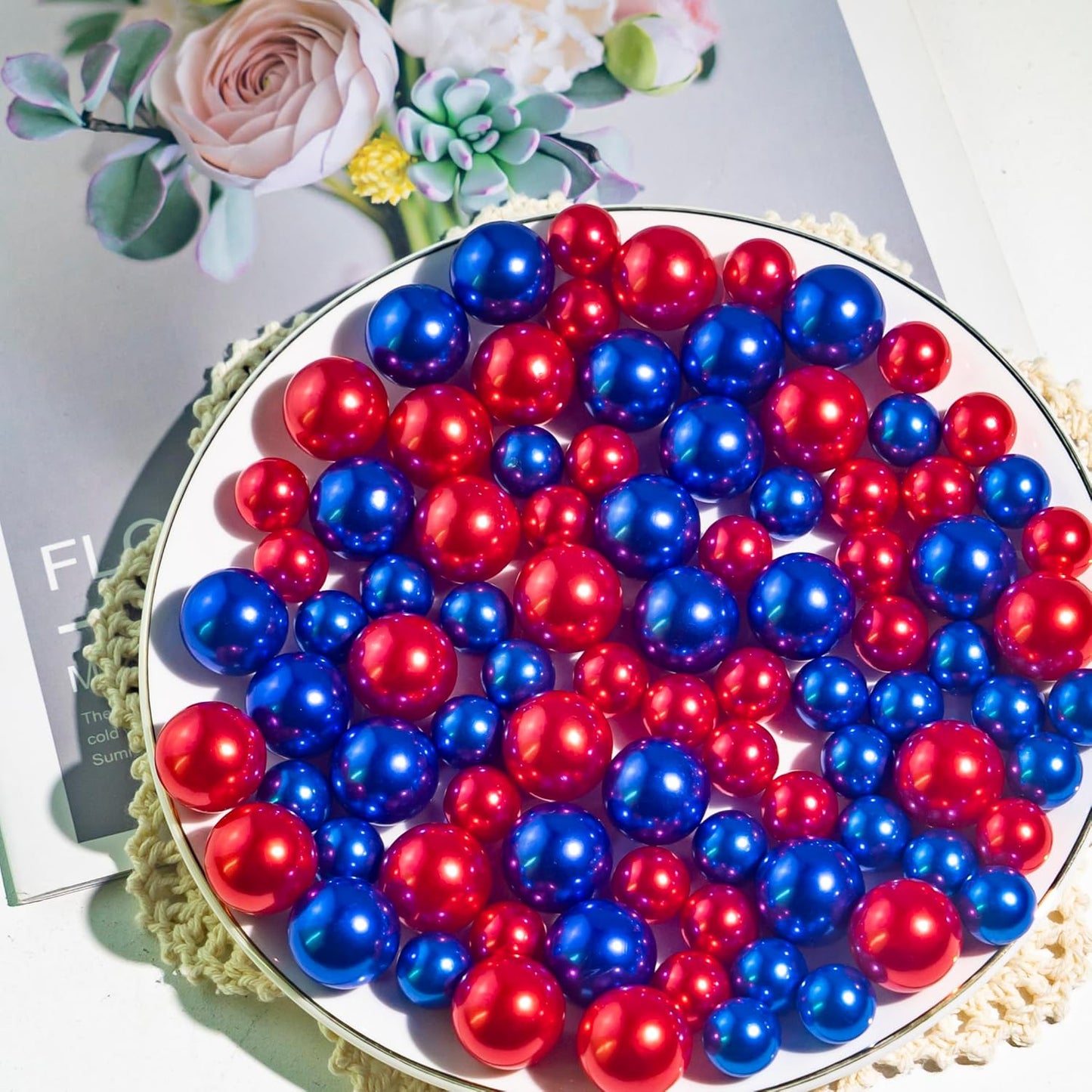 150Pcs Blue&Red Polished No Hole Faux Pearl Beads for Vase Filling Decorations, Plastic Pearls Vase Fillers, Table Scatters, Wedding Centerpiece, 8/14/20 mm, 4th of July Independence Day Home Decor