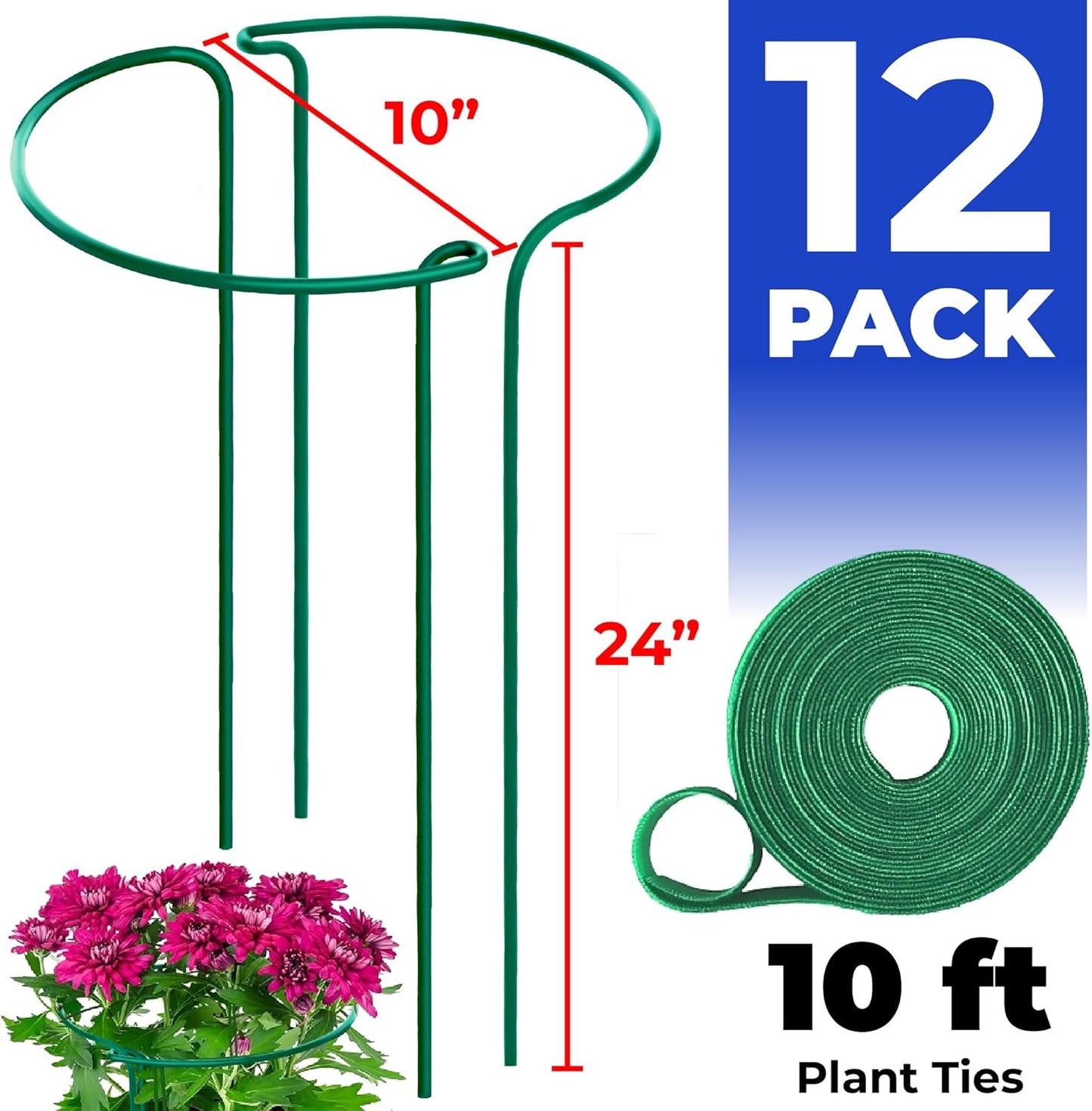 12 Pack Tall Snake Plant Support Stakes – 10" W x 24" H Half Round Peony Cages and Supports for Indoor and Outdoor Plants – Plant Cage Ring Support for Flower - Peony, Tomato, Hydrangea, Rose Bush