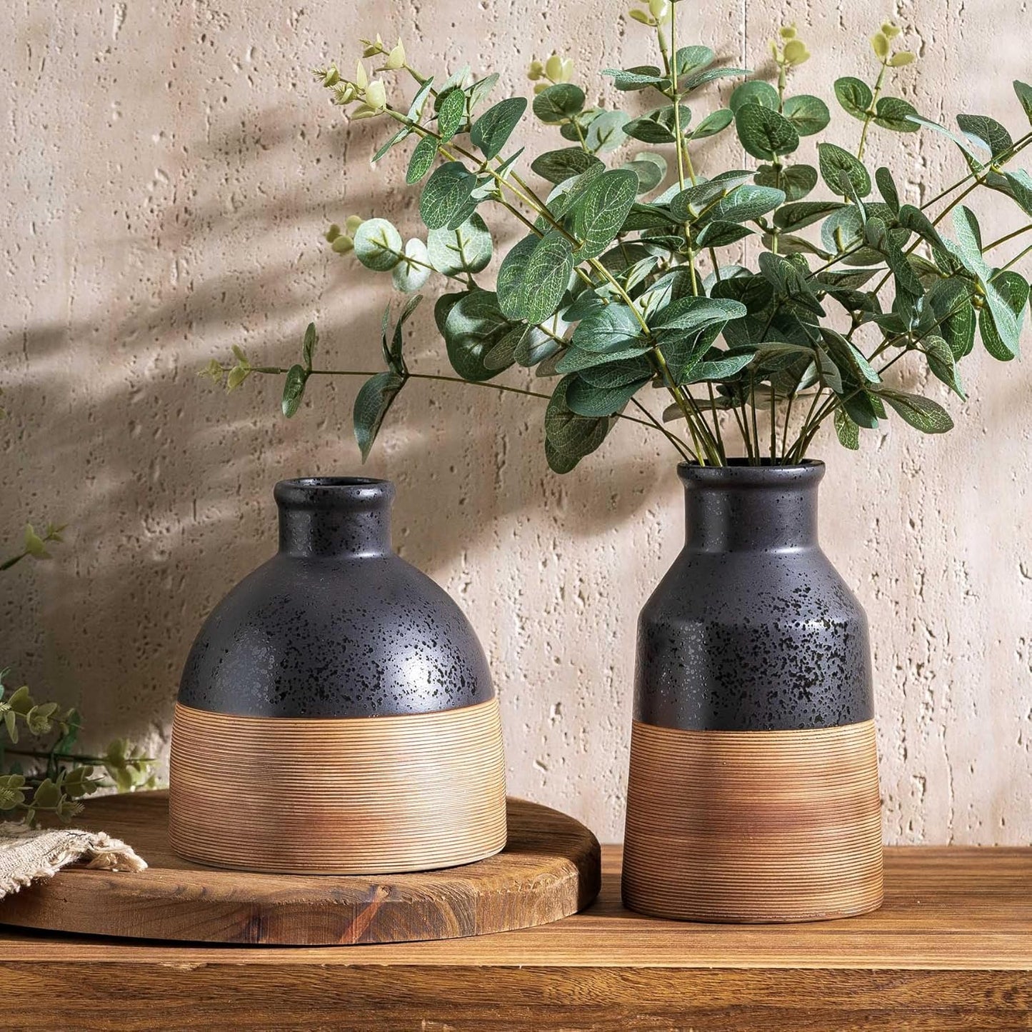 Black and Brown Rustic Farmhouse Flower Round Ceramic Striped Vase, Modern Bohemian Ceramic Floral Vase for Home Cottage Core Decor, Table, Living Room, Bookshelf Decor, Mantel, Wedding 6.5 Inch