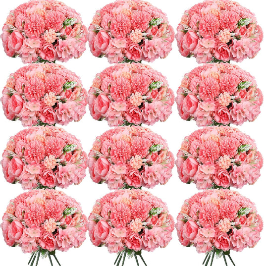 Tigeen Artificial Flowers Artificial Peonies Silk Flowers Faux Peony Fake Peony Silk Hydrangea Bouquet for Wedding Table Centerpiece Floral Vase Decor(Rose Pink,12 Bundles)