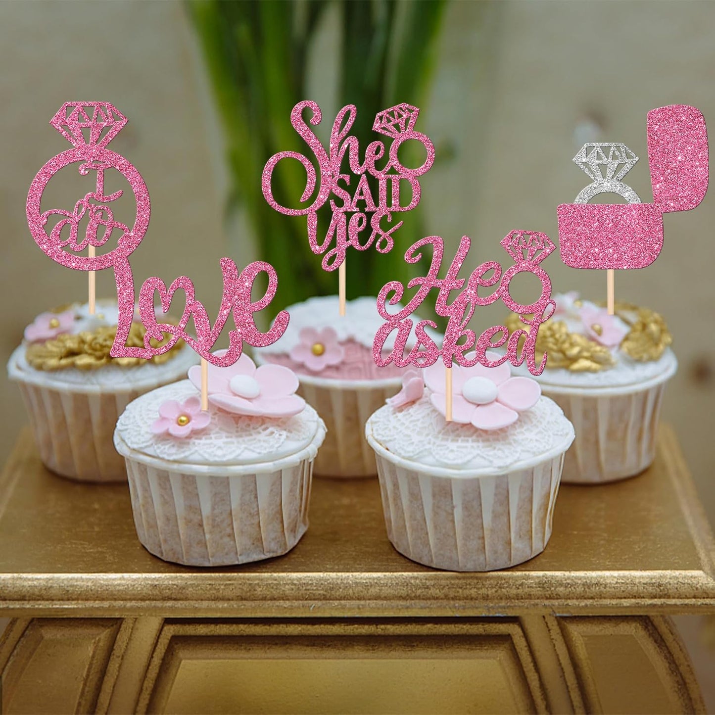 30 PCS He Asked She Said Yes Cupcake Toppers Diamond Ring Cupcake Picks Love I Do Cake Picks for Wedding Enaggement Bridal Shower Party Cake Decorations Supplies Pink