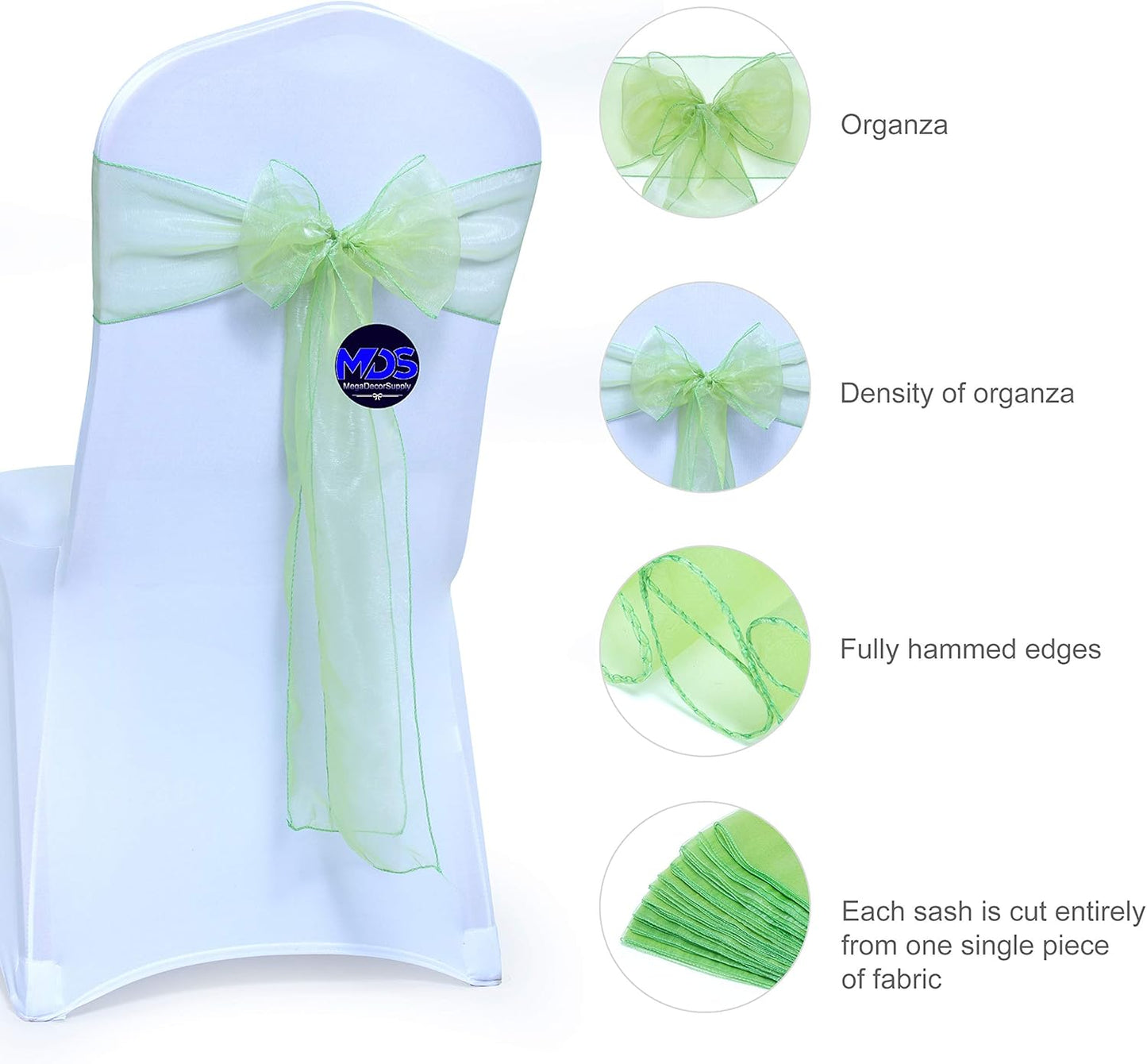 MDS Pack of 100 PCS Organza Chair Sashes Wider Dining Chair Bows Ribbon Tie Back for Wedding Party Birthday Bridal Shower Reception Event Banquet Home Chair Cover Decoration - Apple Green