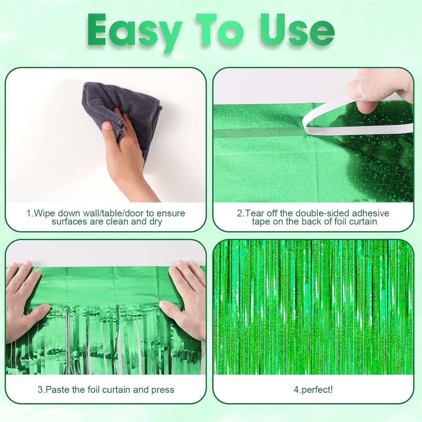 2 Pack Laser Green Tinsel Foil Fringe Curtains, Green Party Decorations, Metallic Tinsel Party Streamers Backdrop for Birthday Baby Shower St Patrick's Day Christmas Party Decorations