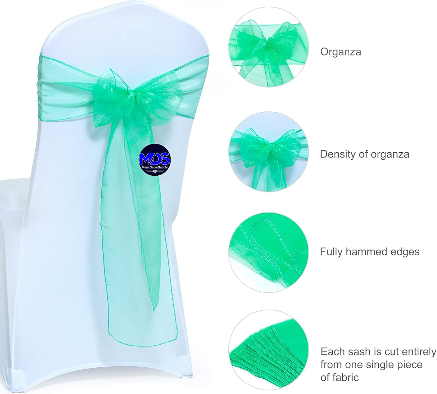 MDS Pack of 100 PCS Organza Chair Sashes Wider Dining Chair Bows Ribbon Tie Back for Wedding Party Birthday Bridal Shower Reception Event Banquet Home Chair Cover Decoration - Mint