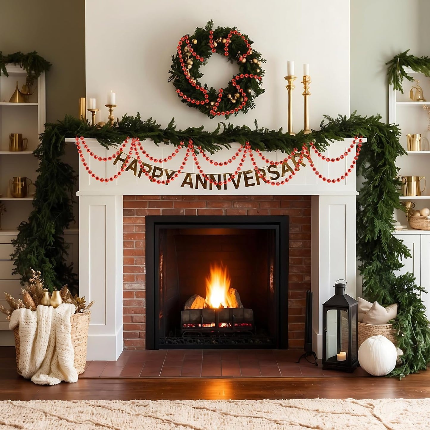 Craft String Pearls 6MM Pearl Bead, 66 Feet Red Faux Pearl Garland Spool Roll Strand Wedding Party Decoration, Christmas Tree Decorations