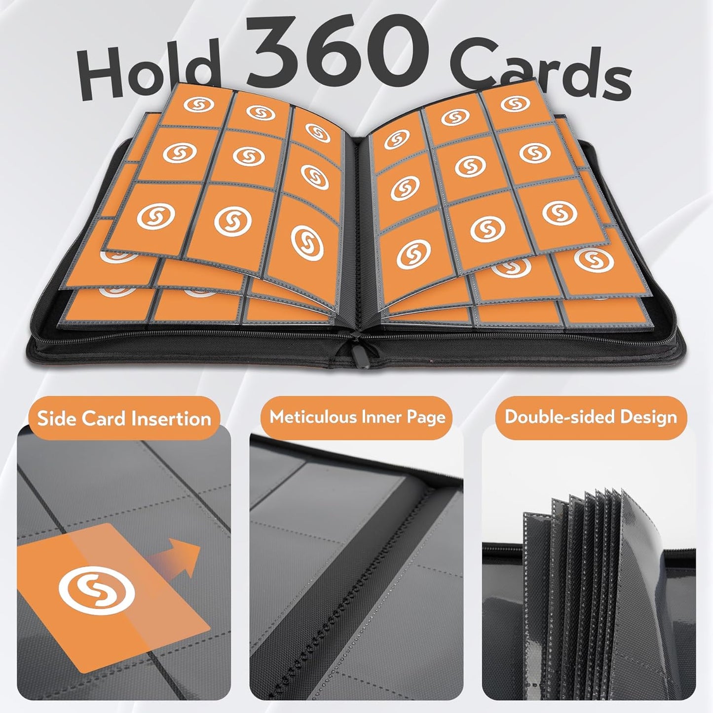 Card Binder 9 Pocket for 360 Cards - Premium Trading Card Binder with Sleeves Protection, Side Loading Card Collection Binder for TCG, MTG, YGO, One Piece Collectible Cards (Black)