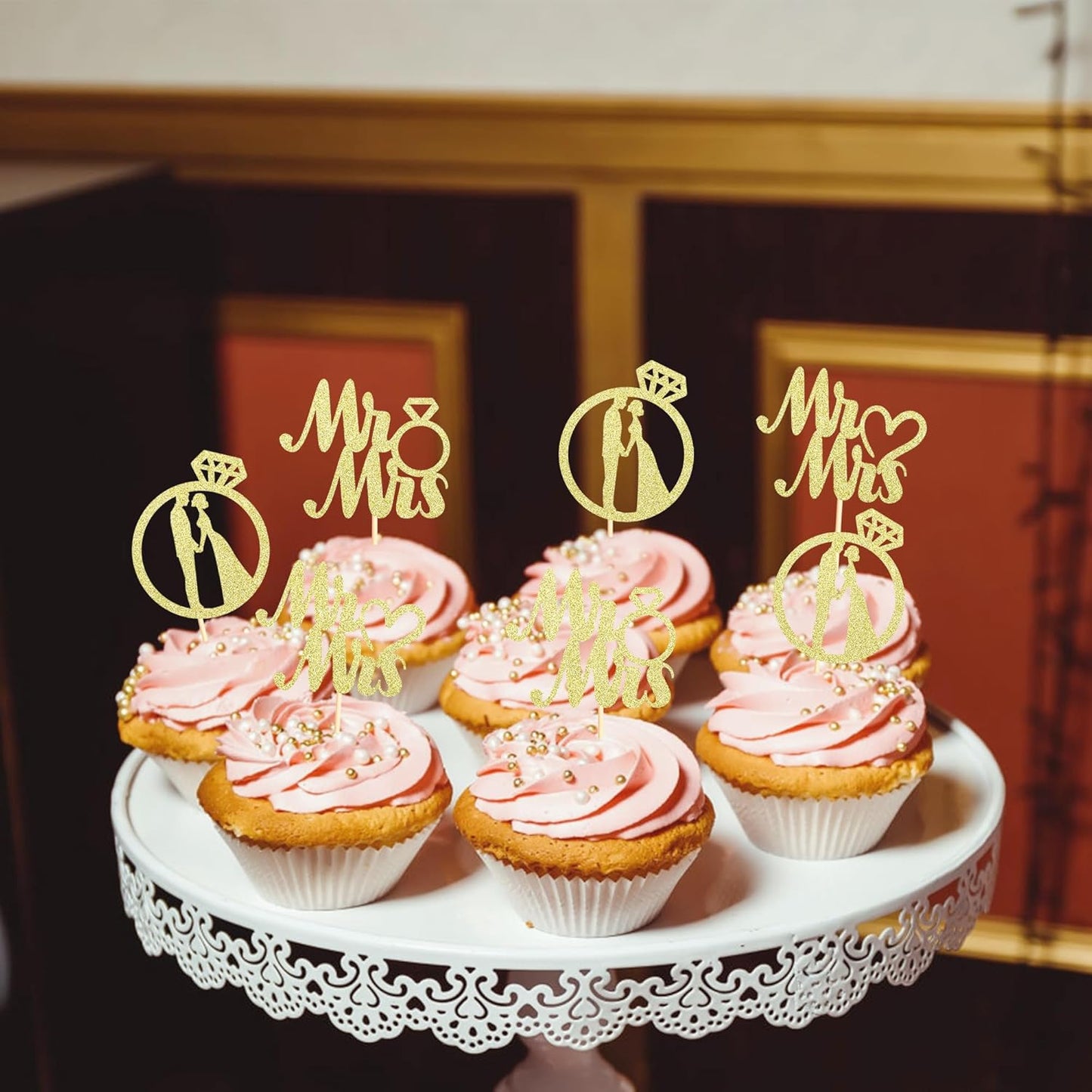 Sotpot 24PCS Miss to Mrs Cupcake Toppers with Ring Gold Glitter for Wedding Bridal Shower Wedding Engagement Party Cake Decorations