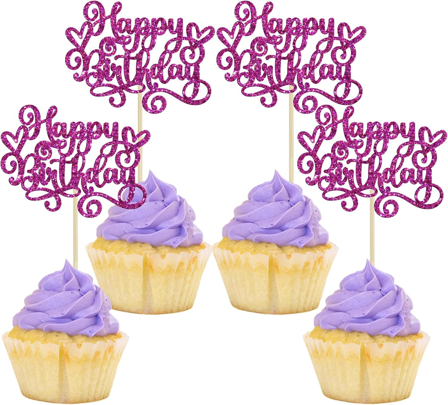 Gyufise 24Pcs Happy Birthday Cupcake Toppers Glitter Happy Birthday Cupcake Picks for Celebrating Happy Birthday Party Decor Anniversary Theme Party Cake Decorations Supplies Purple