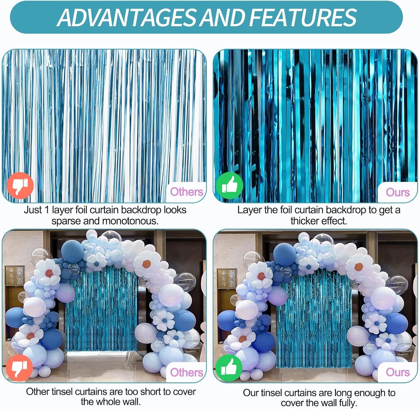 Crosize 4 Pack 3.3 x 9.9 ft Foil Fringe Curtains Party Decorations, Blue Tinsel Curtain Backdrop for Parties, Door Streamers, Glitter Streamer Fringe Backdrop for Birthday Decoration (Blue)