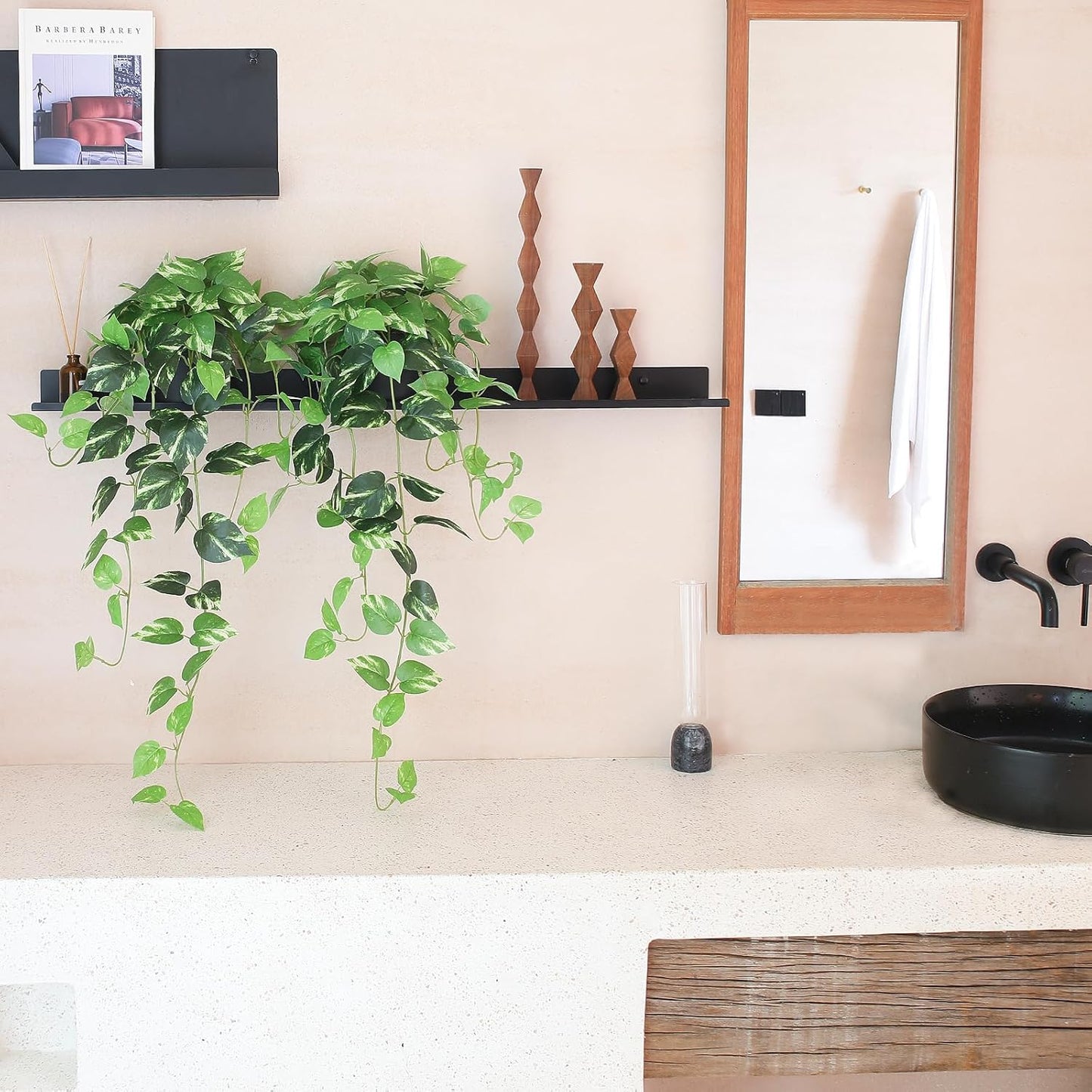 Fake Pothos Hanging Plants - 33" Set of 2 Artificial Silk Ivy Vines with Pots, Realistic Faux Greenery for Indoor Home Decor, Low Maintenance Hanging Plant Decoration (Golden Green)