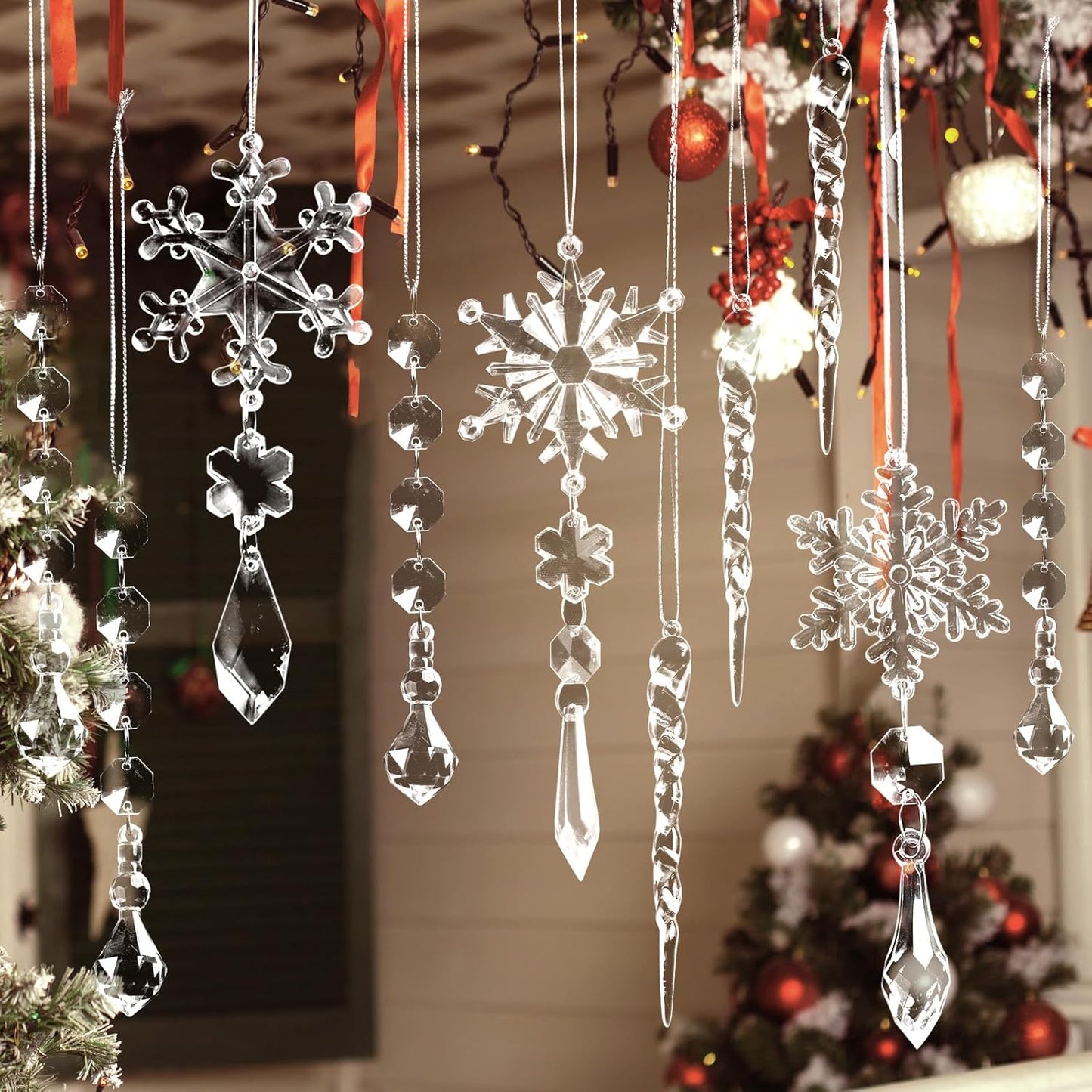 20pcs Christmas Ornaments Set for Tree - Hanging Acrylic Crystal Snowflake Icicle Drop Decorations for Winter Christmas Tree, New Year Party Supplies