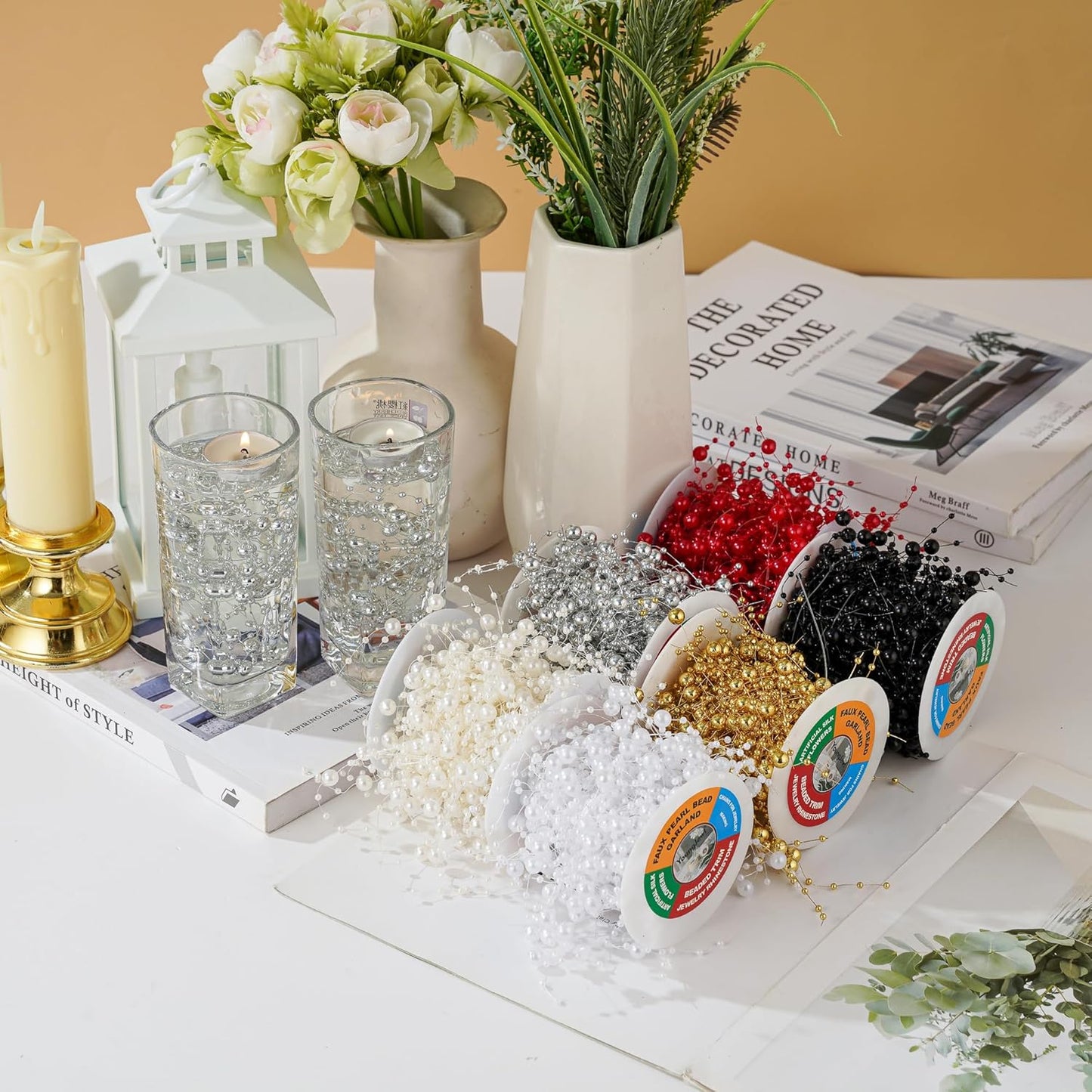 13Feet Pearl String Spool Roll for Floating Candles Faux Pearls Strands Garland for Vase Filler Wedding Centerpiece Christmas Table Decor (Silver)