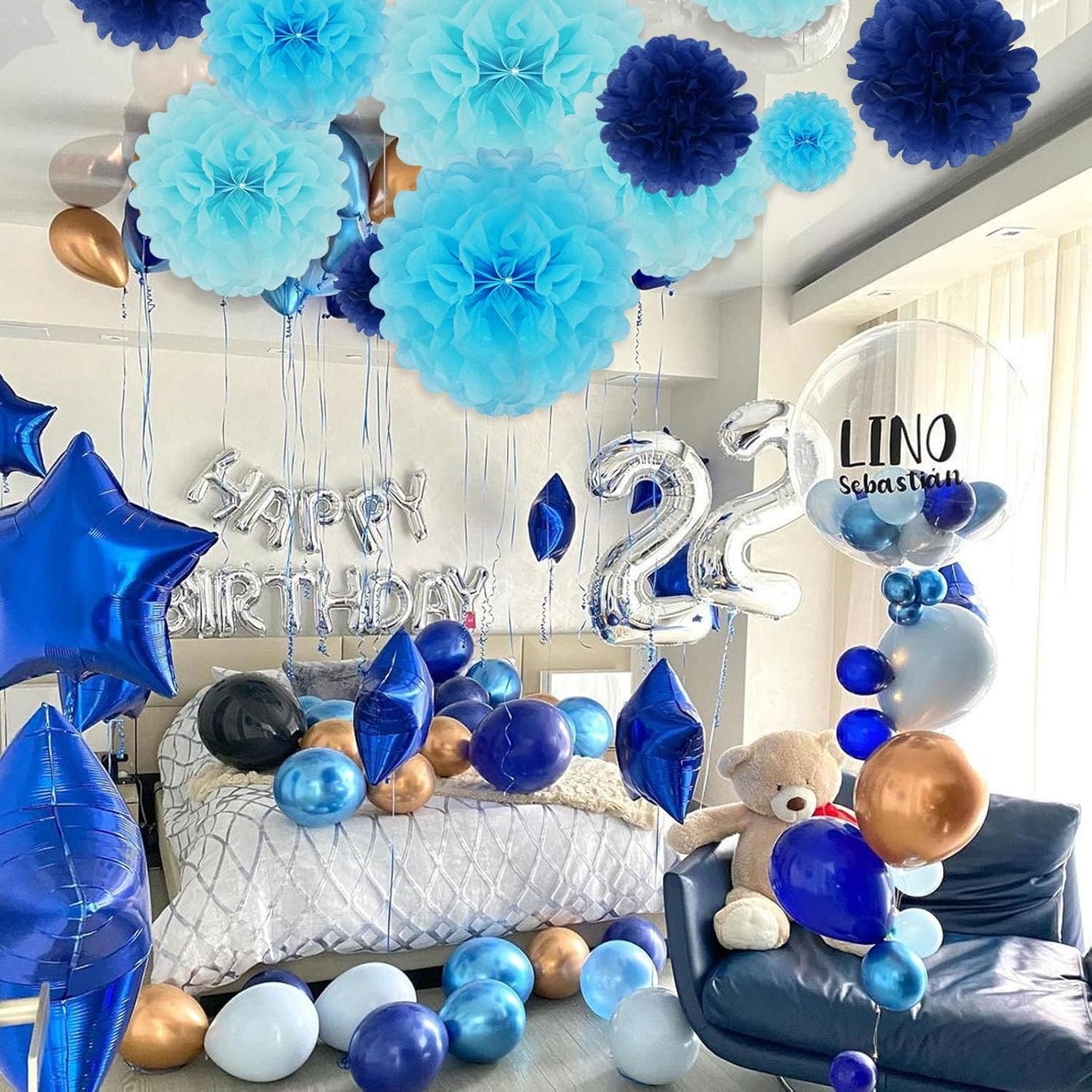 Tissue Paper Pom Poms, Blue Tissue Paper Flowers, Hanging Flower Balls for Weddings Fiesta Parties Birthday Baby Showers Classroom Bridal Shower Decoration (18Piece Set-6/10/12/14Inch)