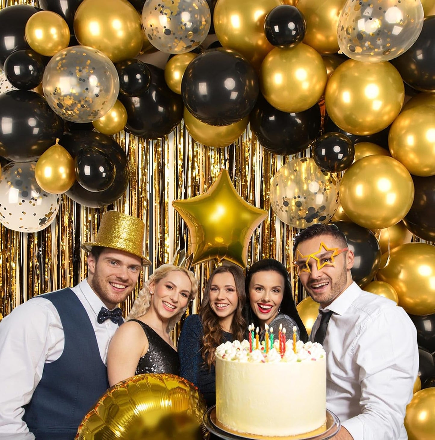 Metallic Tinsel Foil Fringe Curtains Backdrop Black Gold, 2 Pcs 3.28 ft x 6.56 ft Streamers for Birthday Party Graduation New Years Decorations Indoor Outdoor Photo Booth Windows Decoration Supplies