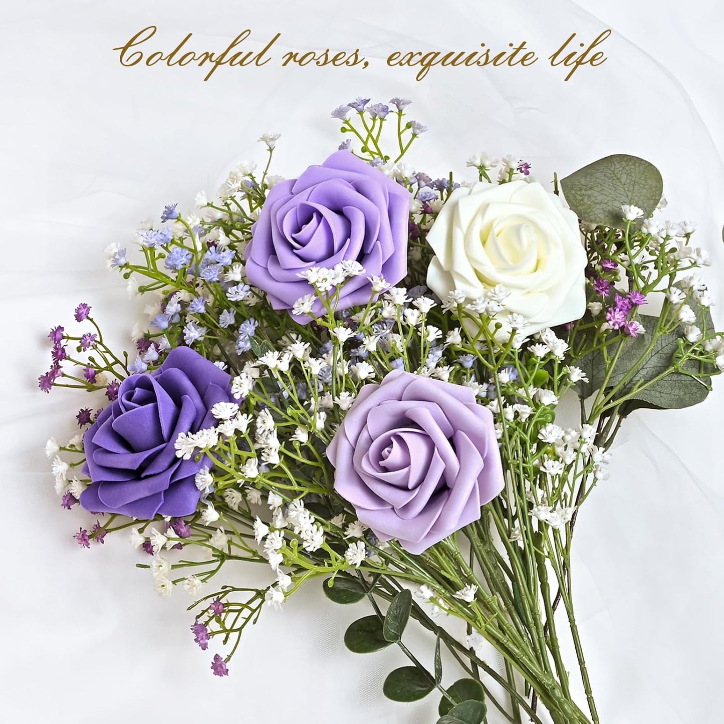 BLEUM CADE 16Pcs Artificial Flowers Fake Roses with Stems, Gradient Purple Boxed Foam Roses for DIY Bouquets Centerpieces Wedding Party Arrangement Bridal Shower Decor