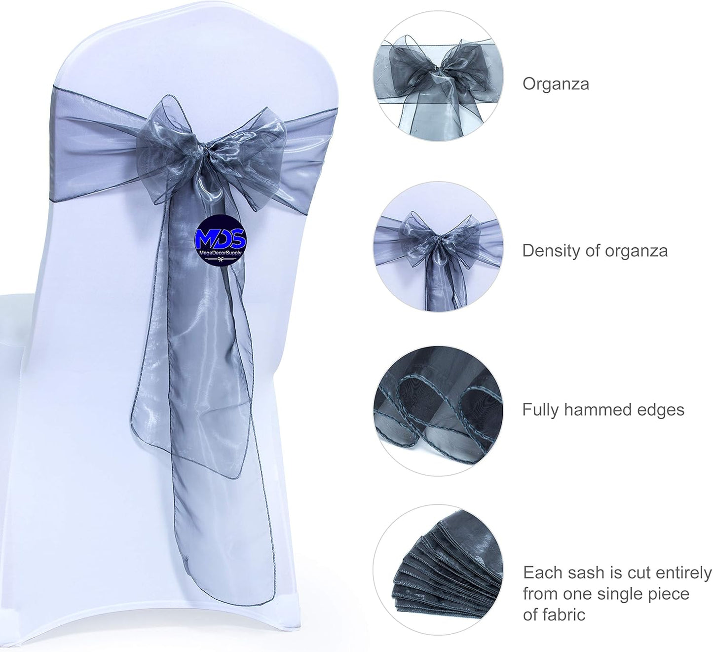 MDS Pack of 75 PCS Organza Chair Sashes Wider Dining Chair Bows Ribbon Tie Back for Wedding Party Birthday Bridal Shower Reception Event Banquet Home Chair Cover Decoration - Silver Gray