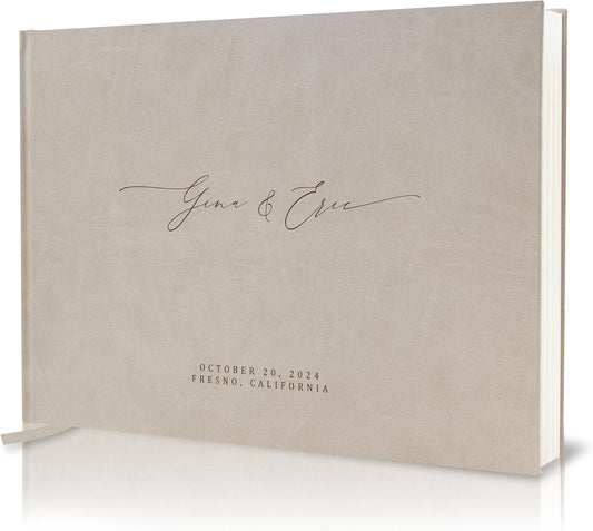 MUUJEE Personalized Guestbook in Taupe - Premium Custom Modern Guest Book for Wedding Reception, Birthday Party or Events w/Bookmark Blank Pages for Signing 11.5 x 8.5 inches