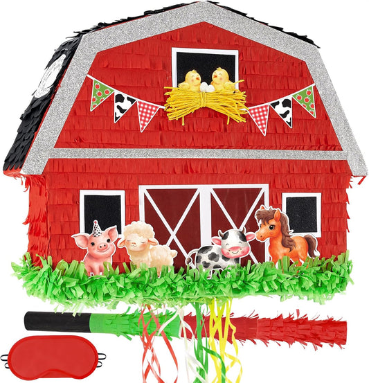 WERNNSAI Red Farm Animal Piñata - Farm Baby Shower Decorations Animal Pinata Party Game for Kids Birthday Celebrations Milk Farm Party Favor Supply with Bat Blindfold