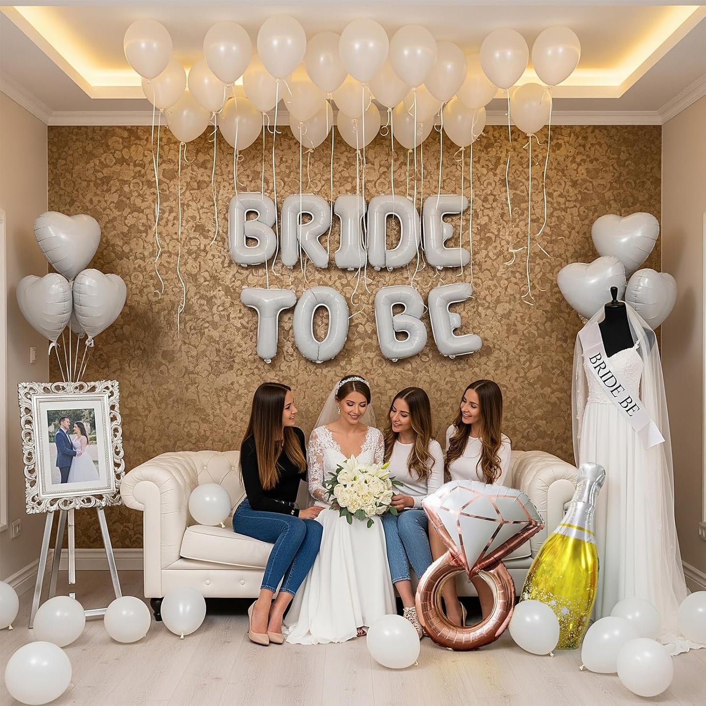 Classic pearl white Bridal Shower party decorations elegan White balloons Bridal Veil BRIDE TO BE Balloons Sash with Diamond Ring Heart Champagne Balloons Bridal Veil for Bachelorette Party Supplies