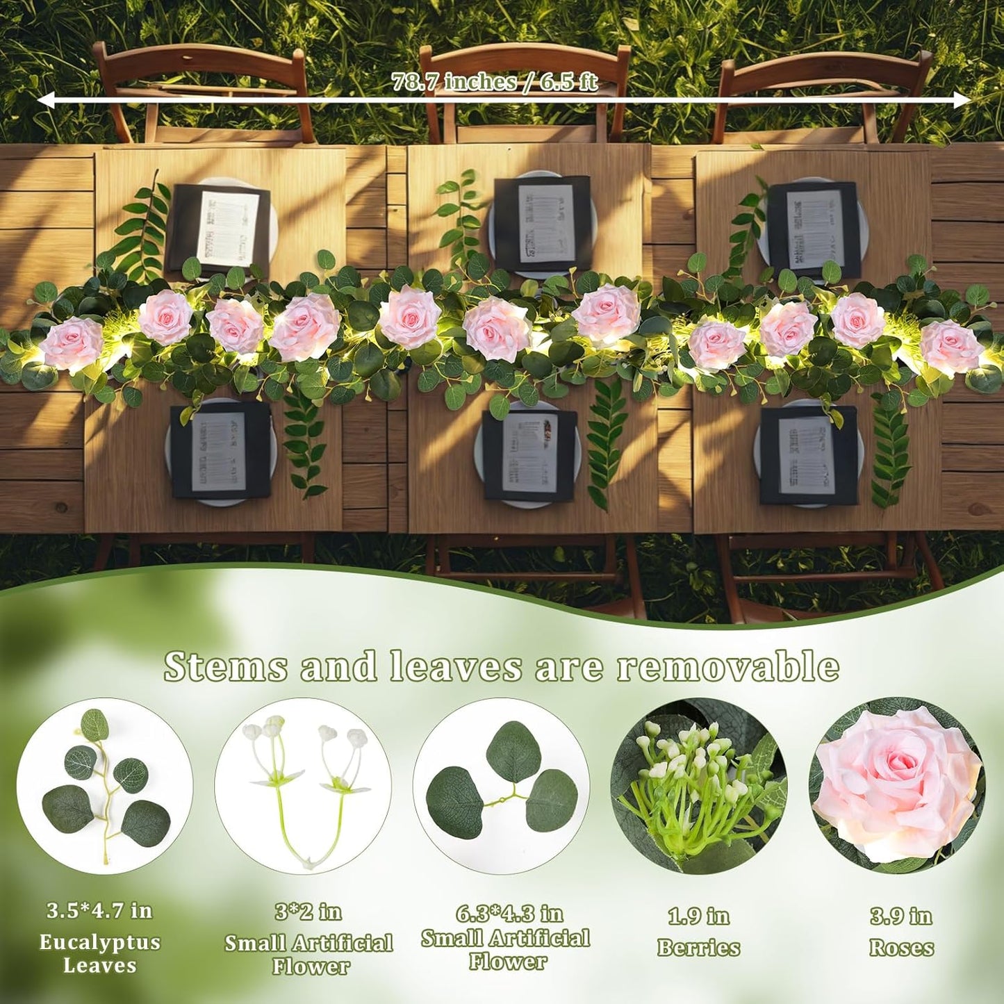 MACTING 4 Pack 26.4FT Eucalyptus Garland with Lights - Spring Gypsophila Flower Garlands with 48 Pink Roses Artificial Floral Greenery Vines for Arch Table Centerpieces Backdrop Party Wedding Decor