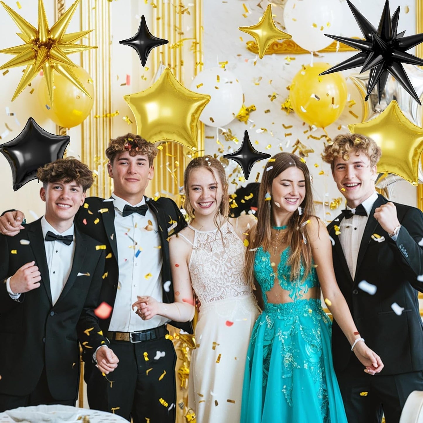 16 Pcs Black Gold Star Balloons, 22/18/10 Inch Foil Balloons, Four-Pointed Balloon for Kids Birthday Anniversary New Year Wedding Baby Shower Party Decorations