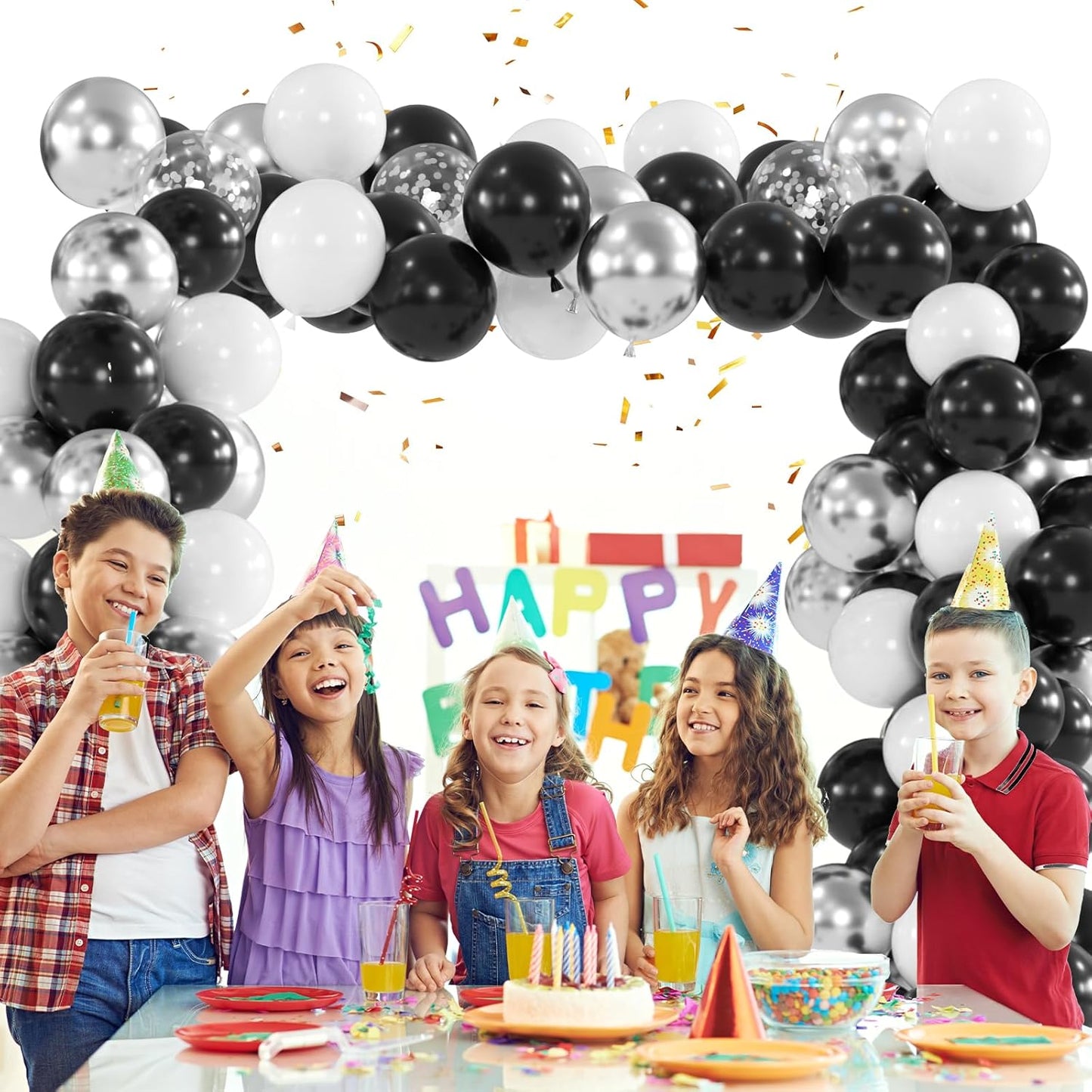 100pcs Black White Silver Balloon Kit - 12 Inch Metallic Silver Black White Confetti Balloons for New Year Eve Party Anniversary Birthday Graduation Decorations (66ft Ribbons)