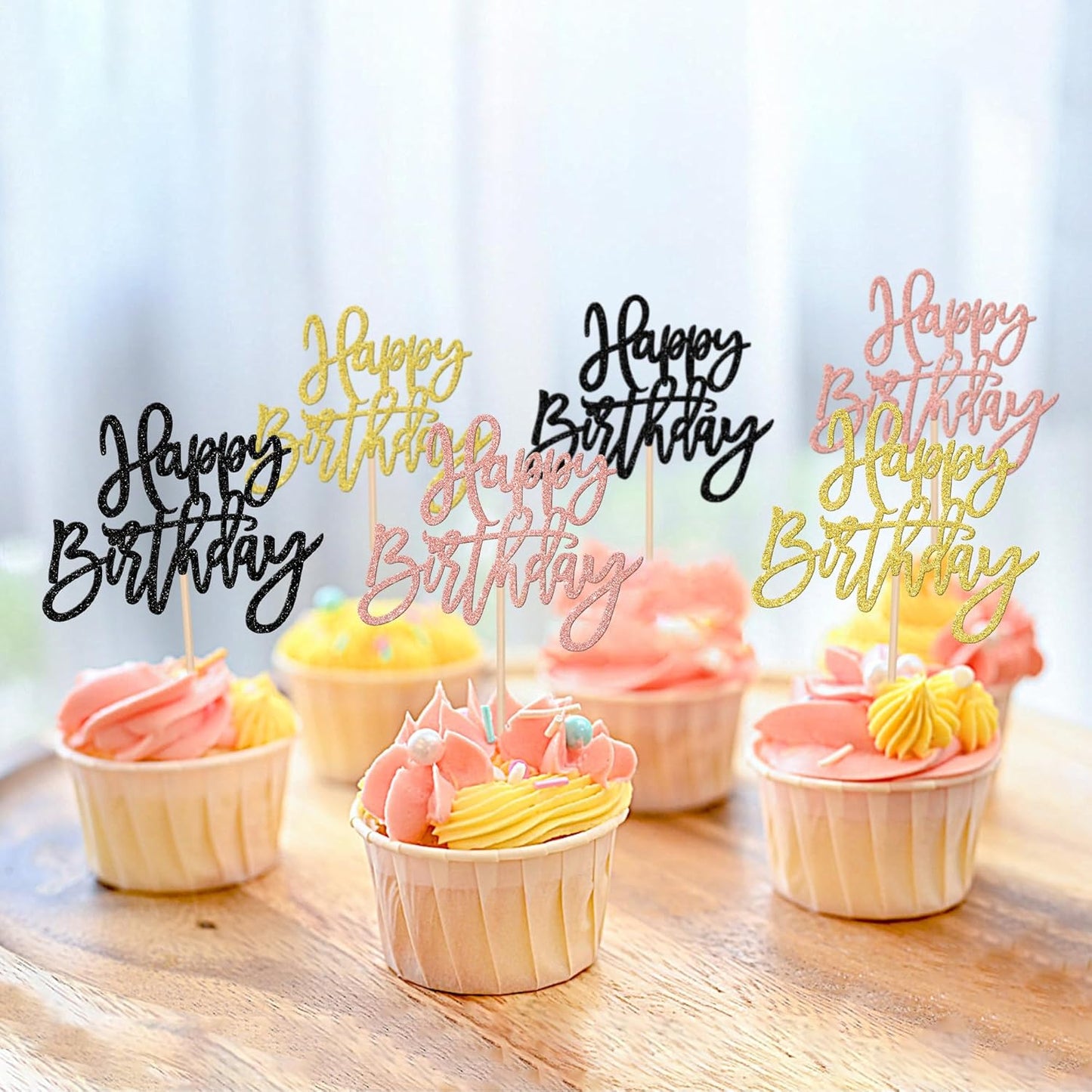 24 PCS Happy Birthday Cupcake Toppers Glitter Happy Birthday Cupcake Picks for Celebrating Anniversary Theme Party Cake Decorations Supplies Gold Black Rose Gold