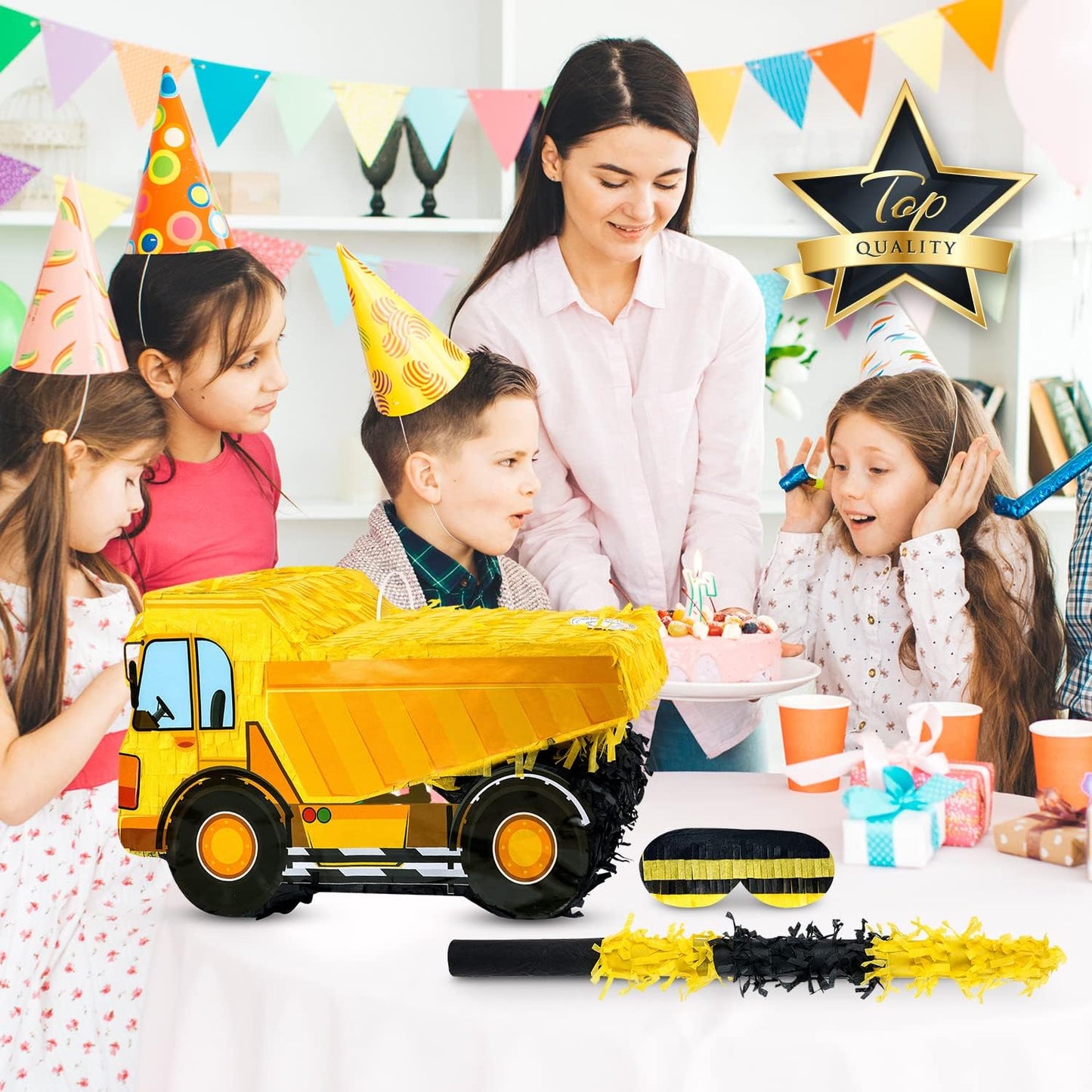 Small Dump Truck Pinata Bundle with a Blindfold and Bat(16 x 9 x 6.5 Inches), Kids Excavator Pinata for Construction Birthday Parties, Boys Birthday Party Supplies