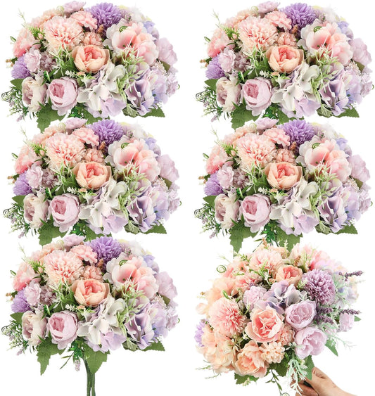 Tigeen Artificial Flowers Artificial Peonies Silk Flowers Faux Peony Fake Peony Silk Hydrangea Bouquet for Wedding Table Centerpiece Floral Vase Decor(Purple,Pink,6 Bundles)