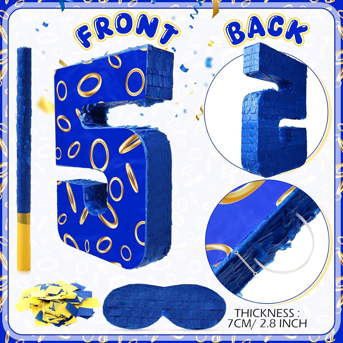 Number 5 Blue and Golden Rings Piñata for Kids Birthday Cartoon Theme Small Piñata with Blindfold Stick Confetti for Fiesta Cinco De Mayo Party Decor, 15.8 x 11 x 2.8 Inch