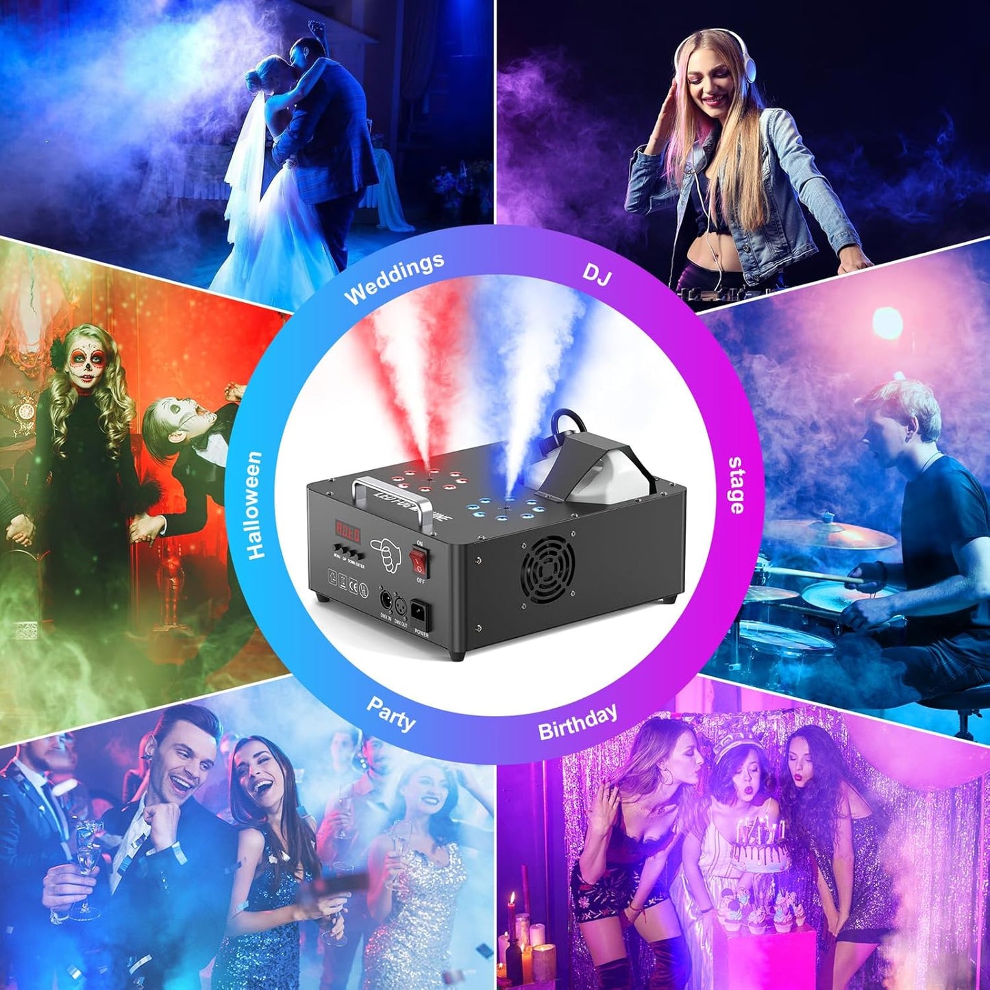 2000W Professional Fog Machine Dual Nozzle with 16 RGB LED, DMX Control Adjustable Smoke Direction, 2.5L Tank LCD Display 30000CFM for Halloween Christmas Stage DJ Party Club Events-2PC