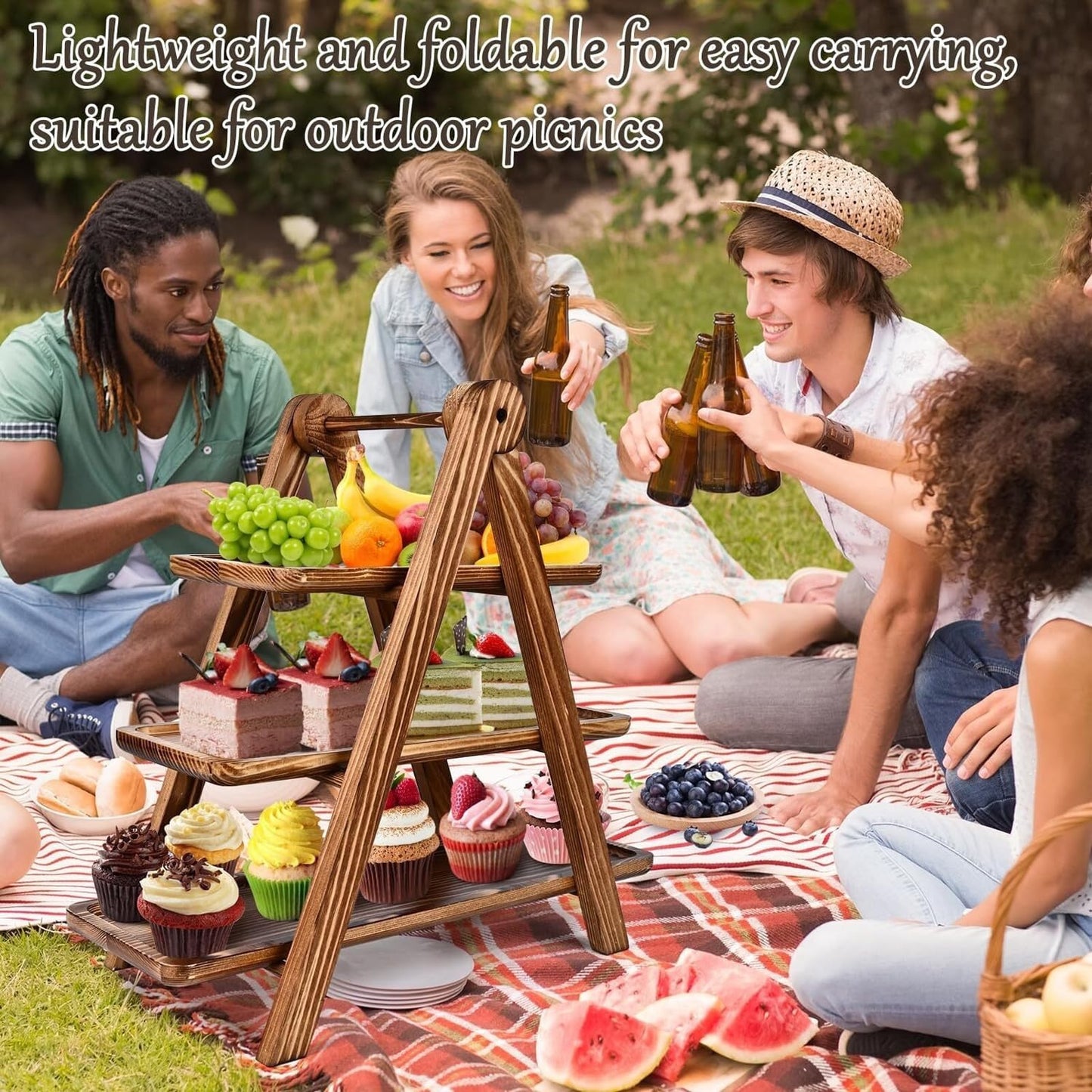 Wooden 3 Tier Serving Tray, Detachable Cupcake Stand, Rectangle Serving Platter Three Tiered Stand,Fruit,Appetizer,Dessert Decorative Tray Decor Party Food Table Display