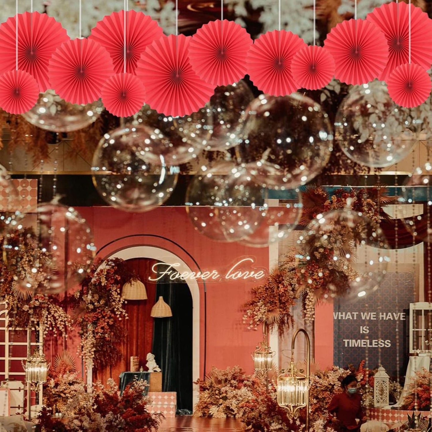 HQZ Red Party Hanging Fans DIY Set - 12pcs Pinwheels & Flowers for Weddings, Birthdays, Christmas; Hanging Fan Decorations