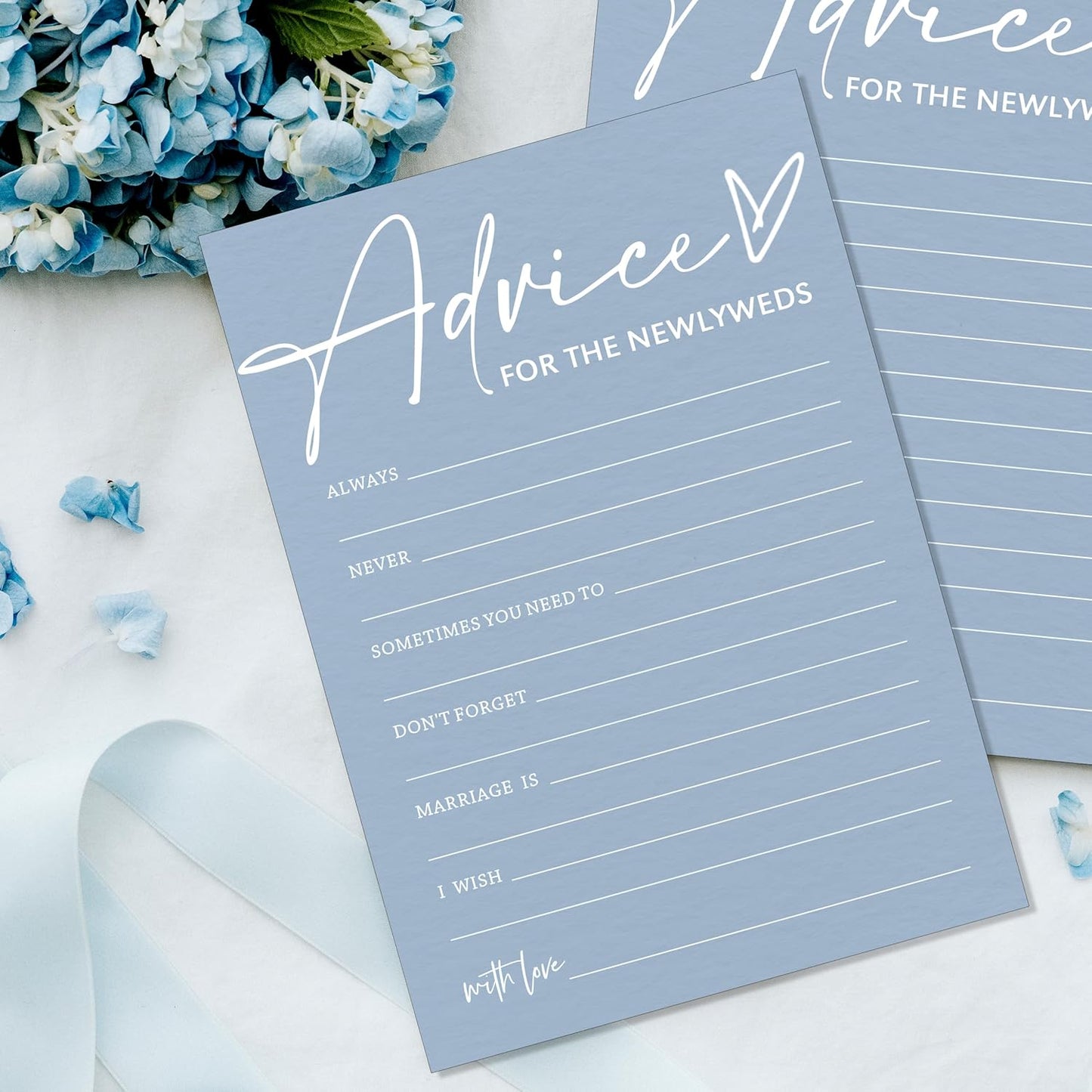 Wedding Advice Cards - Bdvice and Wishes for the Newlyweds Mr and Mrs Bride & Groom Perfect for Bridal Shower Wedding Games and Guest Book Alternative Pack of 25 Minimalist Blue 5x7 Inch Cards - B04