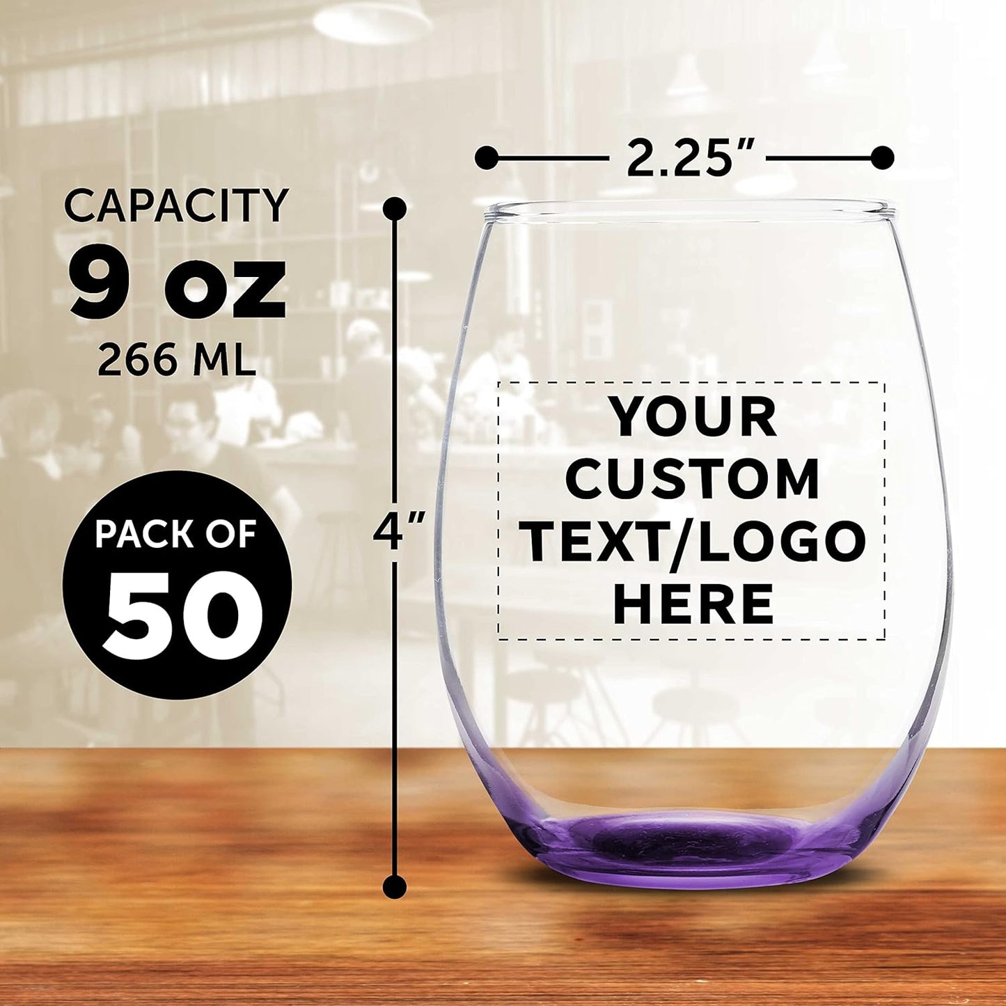 Custom Stemless Wine Glass 9 oz. Set of 50, Personalized Bulk Pack - Great for Wedding Favors, Bachelorette Party Decorations, Party Favors, Color Bottom - Purple