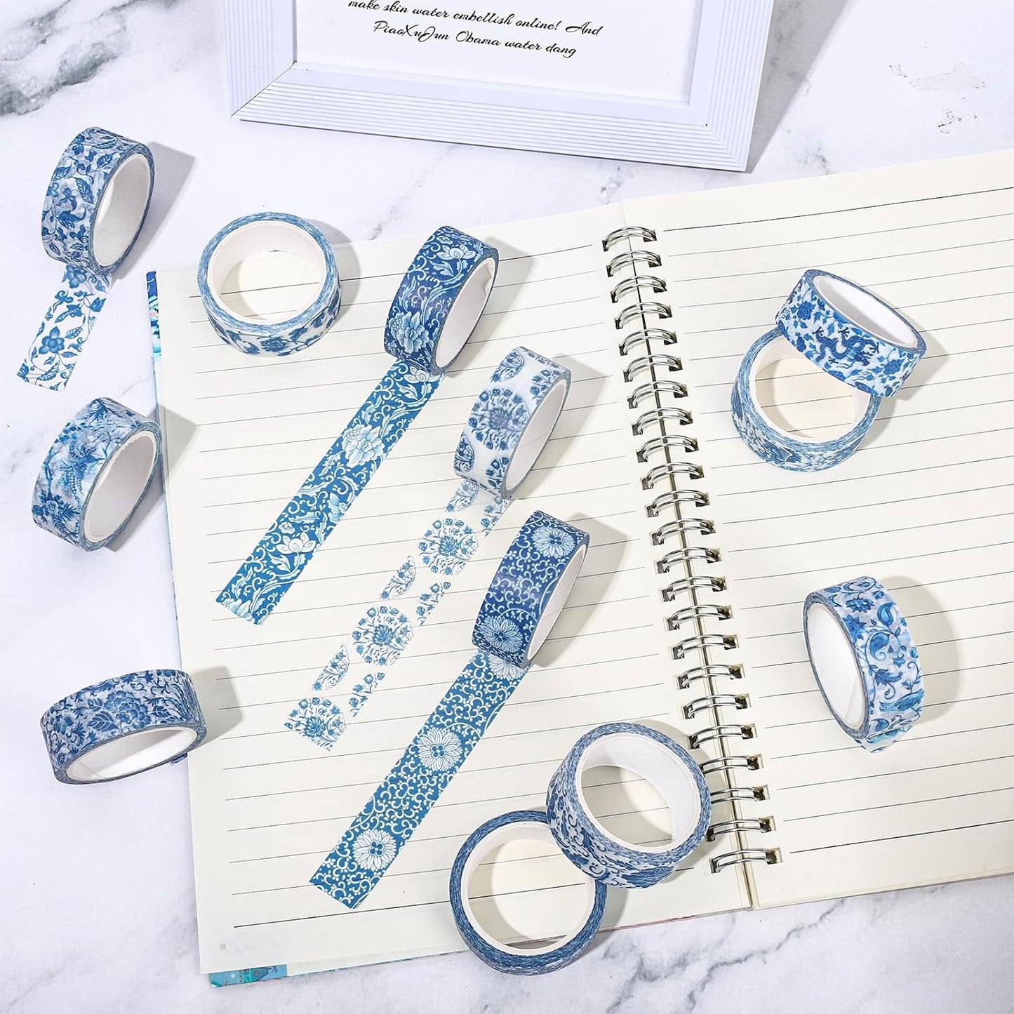 Whaline 12 Rolls Blue Floral Washi Tape Chinoiserie Flower Washi Tape Vintage Masking Decorative Gift Wrapping Paper Tape for DIY Craft Scrapbook Envelope Party Favor Supplies