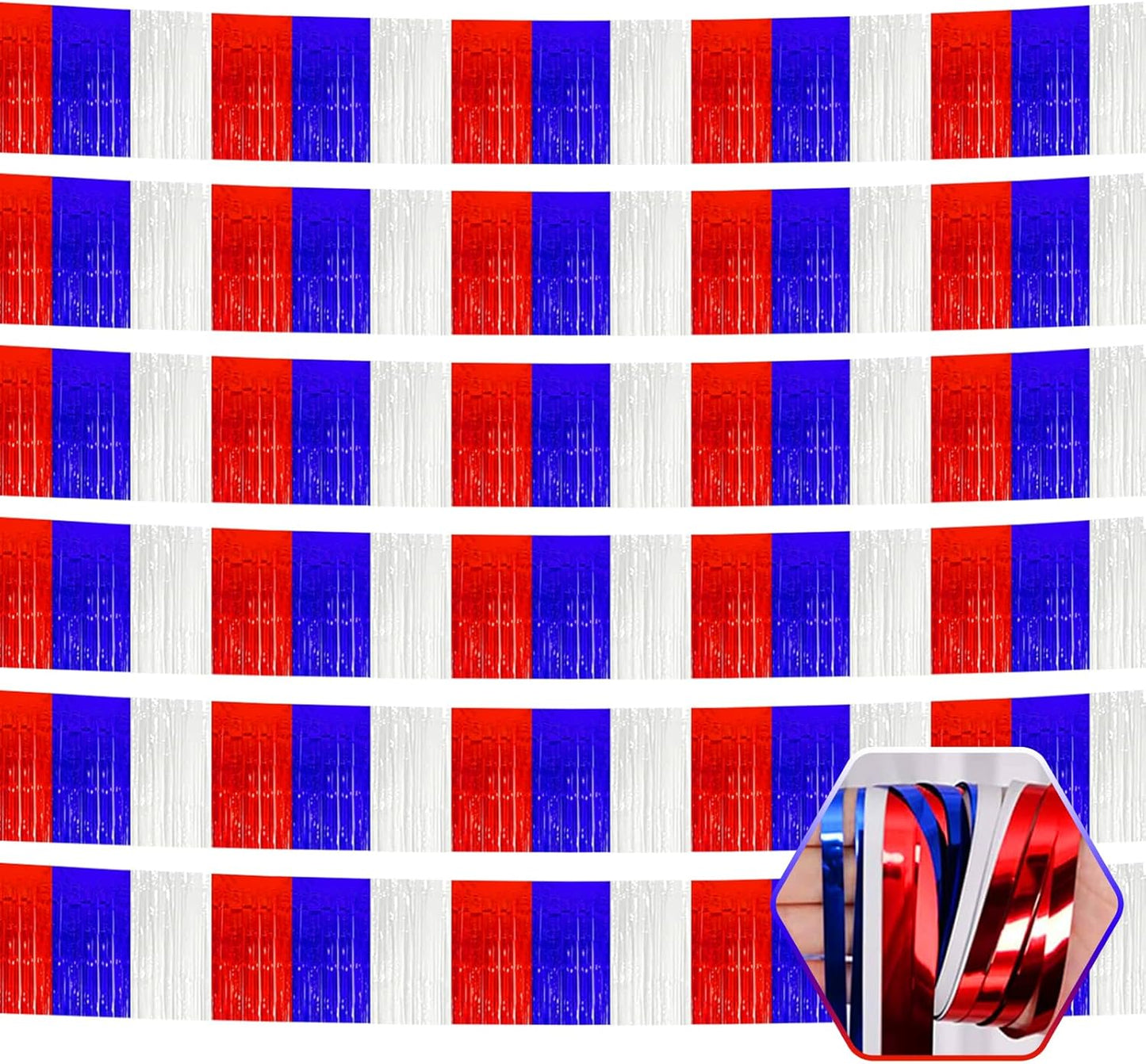 6 Pack 10 Feet White Blue Red Foil Fringe Garland Metallic Tinsel Streamers Banner Wall Hanging Curtain Backdrop for Parade Floats, Birthday, Graduate, Mother's Day, Wedding Party Decoration