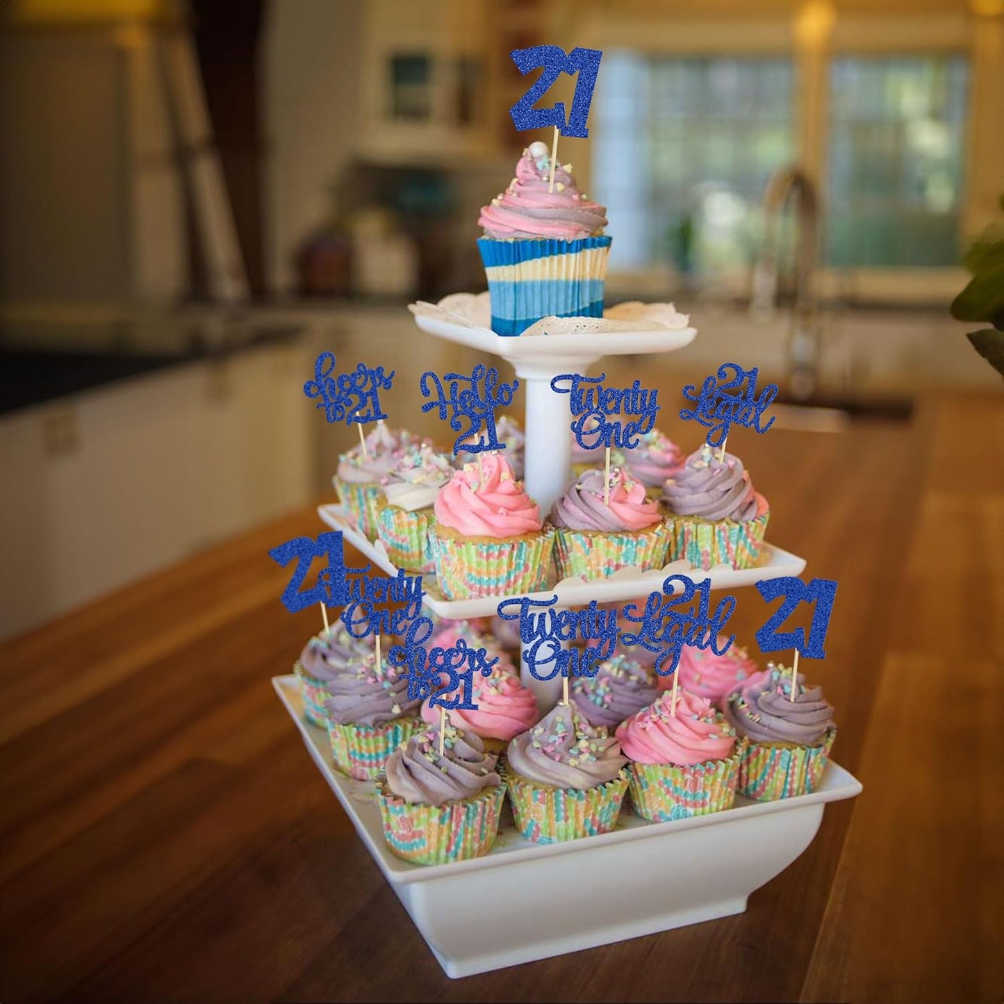 30pcs 21st Birthday Cupcake Toppers - Legal 21st Cupcake Picks - Cheers to 21 Years Old Cake Decorations - Deep Blue Glitter