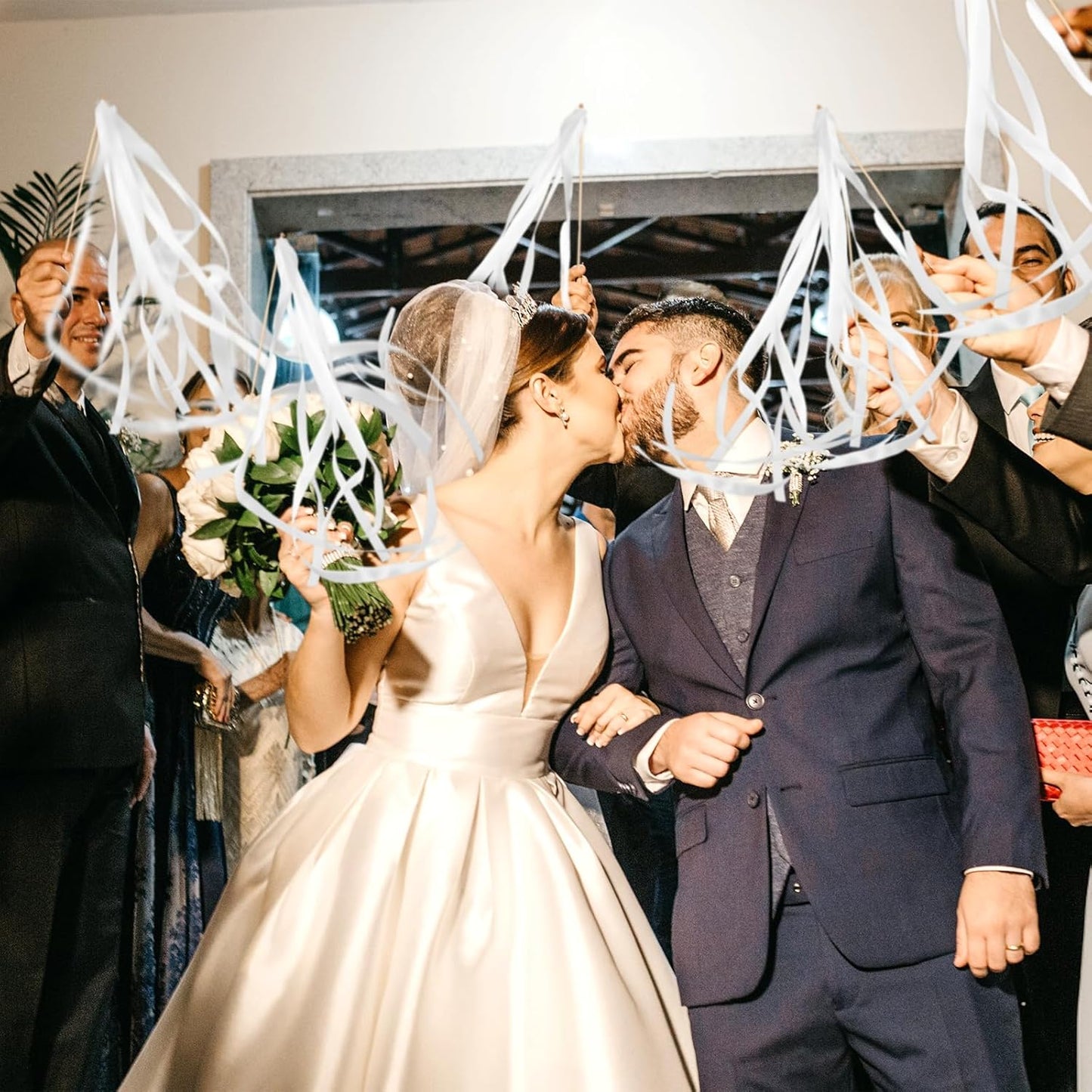 100 Pcs White Lace Ribbon Wedding Wands, Wedding Send Off Ribbon Streamers Party Streamer with Bells Silk Streamers for Party, Holiday, Bridal Shower, Anniversary Activities