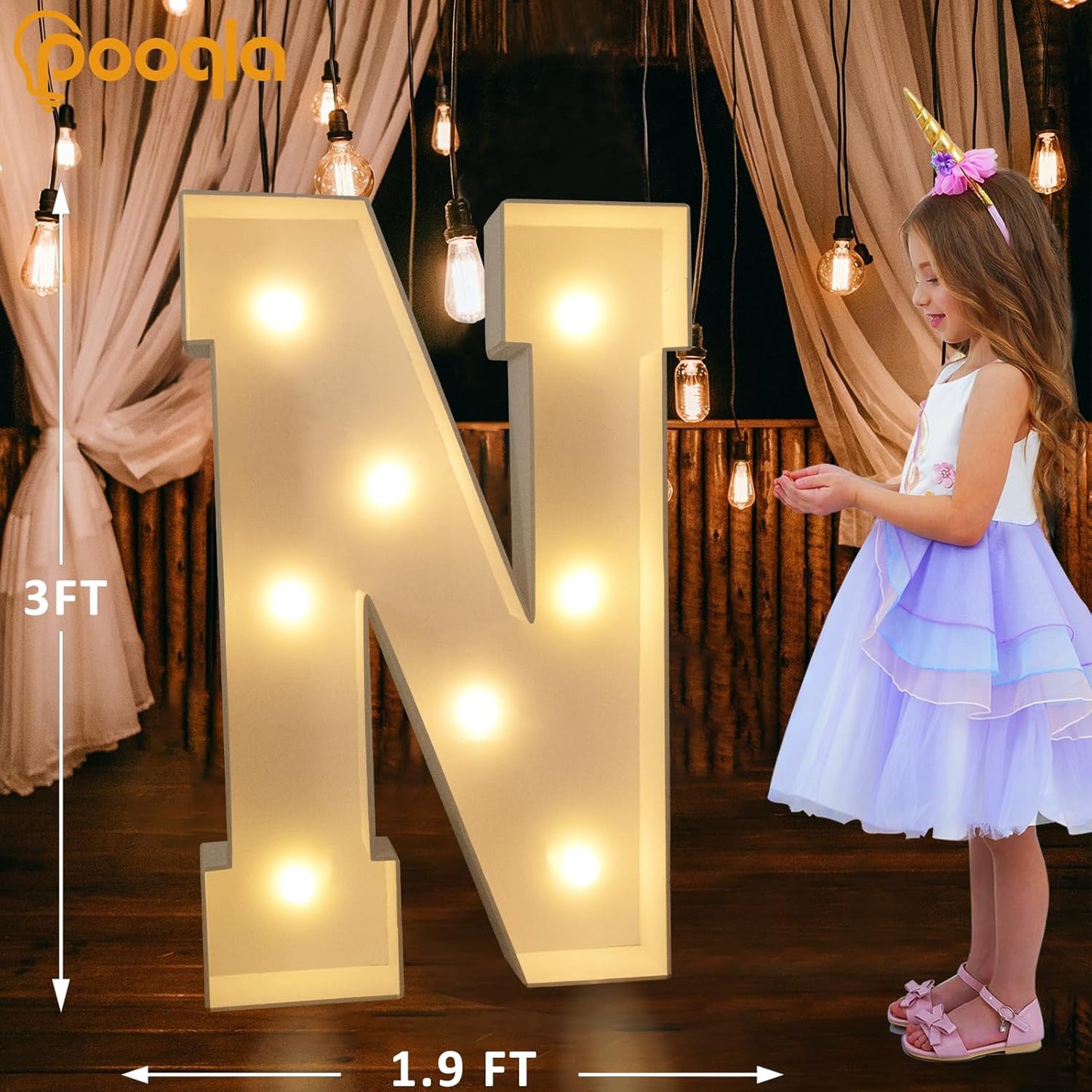 Pooqla 3FT Marquee Light Up Letters, Cool White and Warm White LED Big Mosaic Marquee Letters 3 Feet, Giant Letter Sign for Balloons Birthday Anniversary Wedding Party Decoration, Letter N