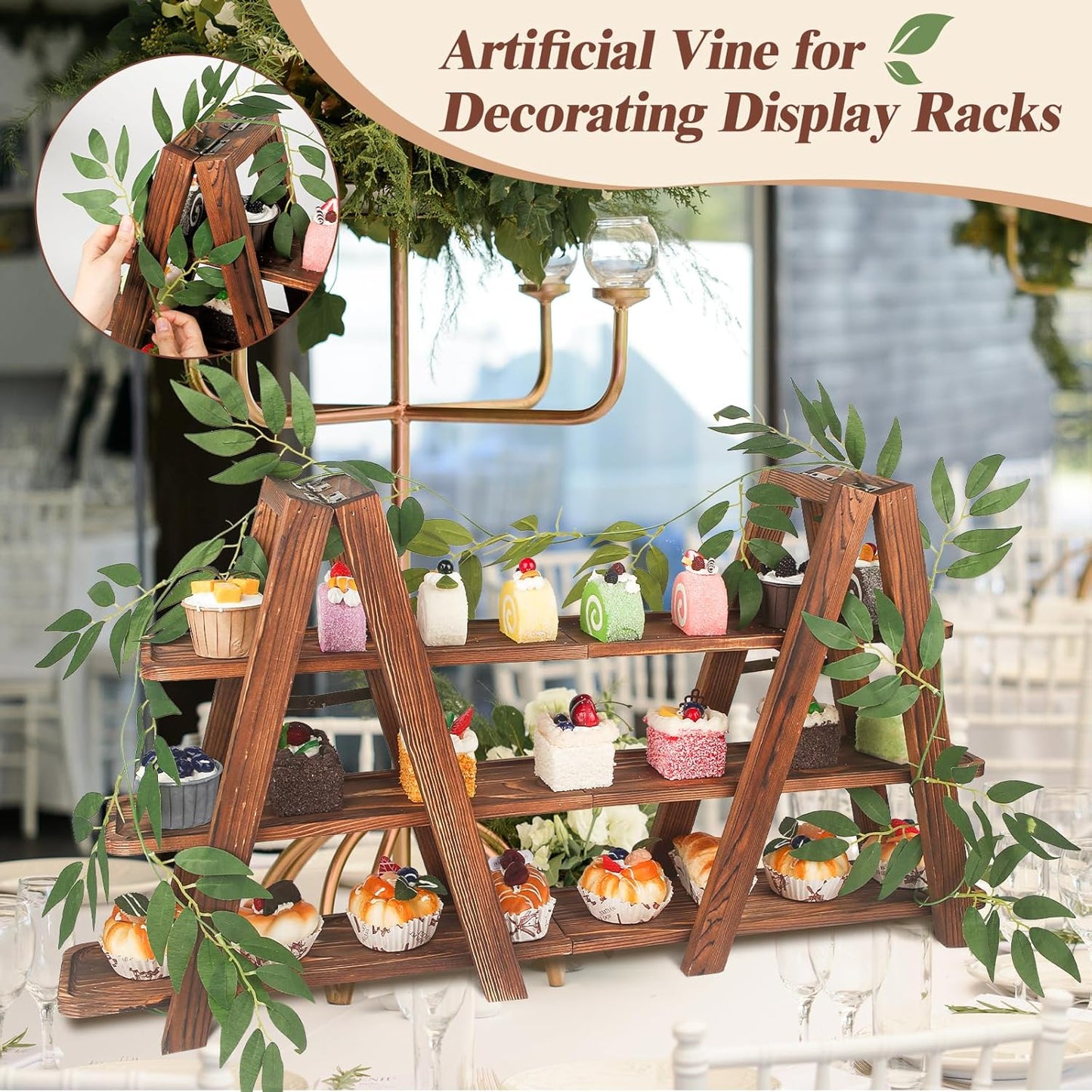 Wooden 3-Tier Cupcake Stand with Removable Trays & Vine Decoration – Foldable Party Display Serving Ladder with Platter for Cake, Snacks, Fruits, Chips, Bread