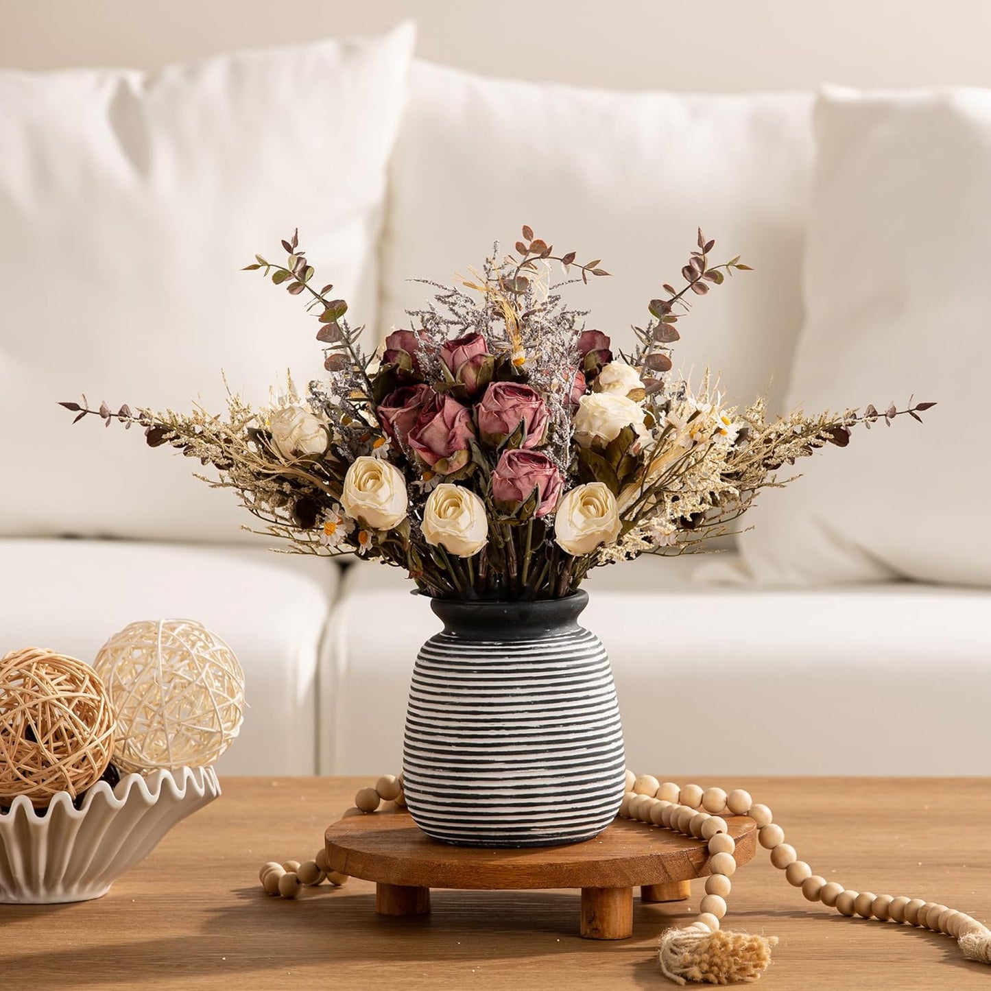 Ceramic Rustic Vase, Small Flower Farmhouse Vases Home Decor, 6“ Short Pottery Decorative Pampas Vase for Table Living Room Entryway Mantel Bookshelf Bedroom Bathroom Kitchen-Black