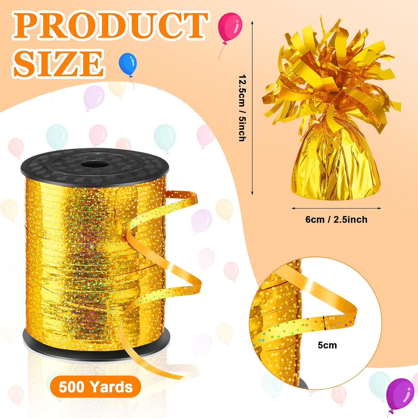 24 Pcs Balloon Weights Metallic Anchor Balloon Holder for Helium Balloons Heavy Table Weights and 1 Roll Iridescent Crimped Ribbon for Birthday Wedding Halloween Christmas Party(Gold)