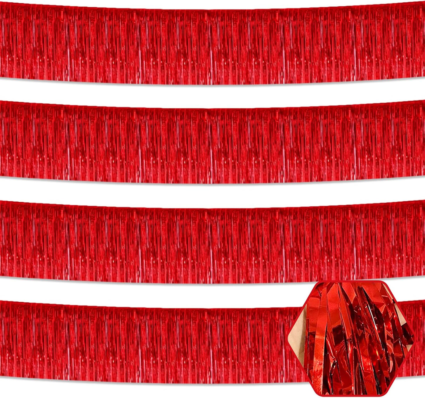 4 Pack 10 Feet Red Foil Fringe Garland Metallic Tinsel Streamers Banner Wall Hanging Curtain Backdrop for Parade Floats, Wedding, Graduate, Mother's Day, Birthday Party Decoration